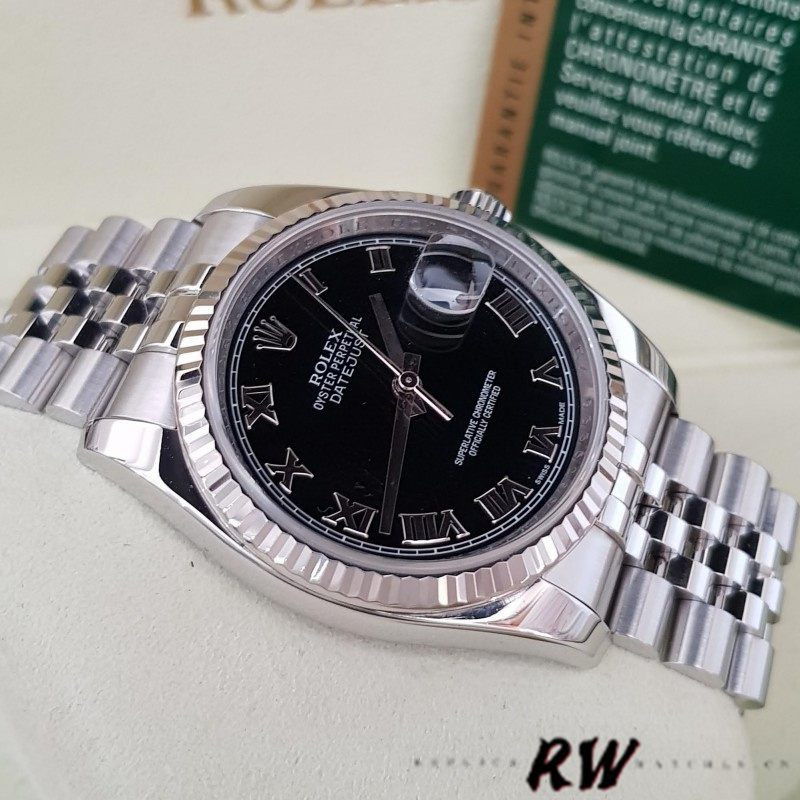 Rolex Datejust 116234 Stainless Steel Fluted Bezel Black Roman Dial 36mm Mens Replica Watch
