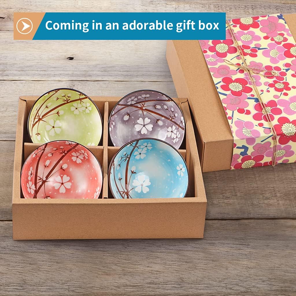 Ceramic Rice Bowls 10 oz, Sakura Bowl Gift Set, Assorted Color Dinnerware Serving Bowls for Rice, Cereal, Noodle, Soup, Desserts, Pack of 4 (Cherry Blossom)