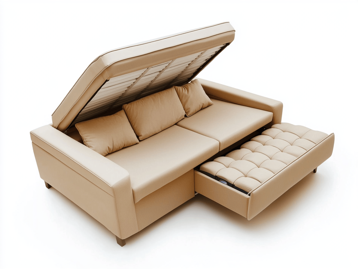 Sofá cama de tela beige estilo moderno funcional con almacenamiento