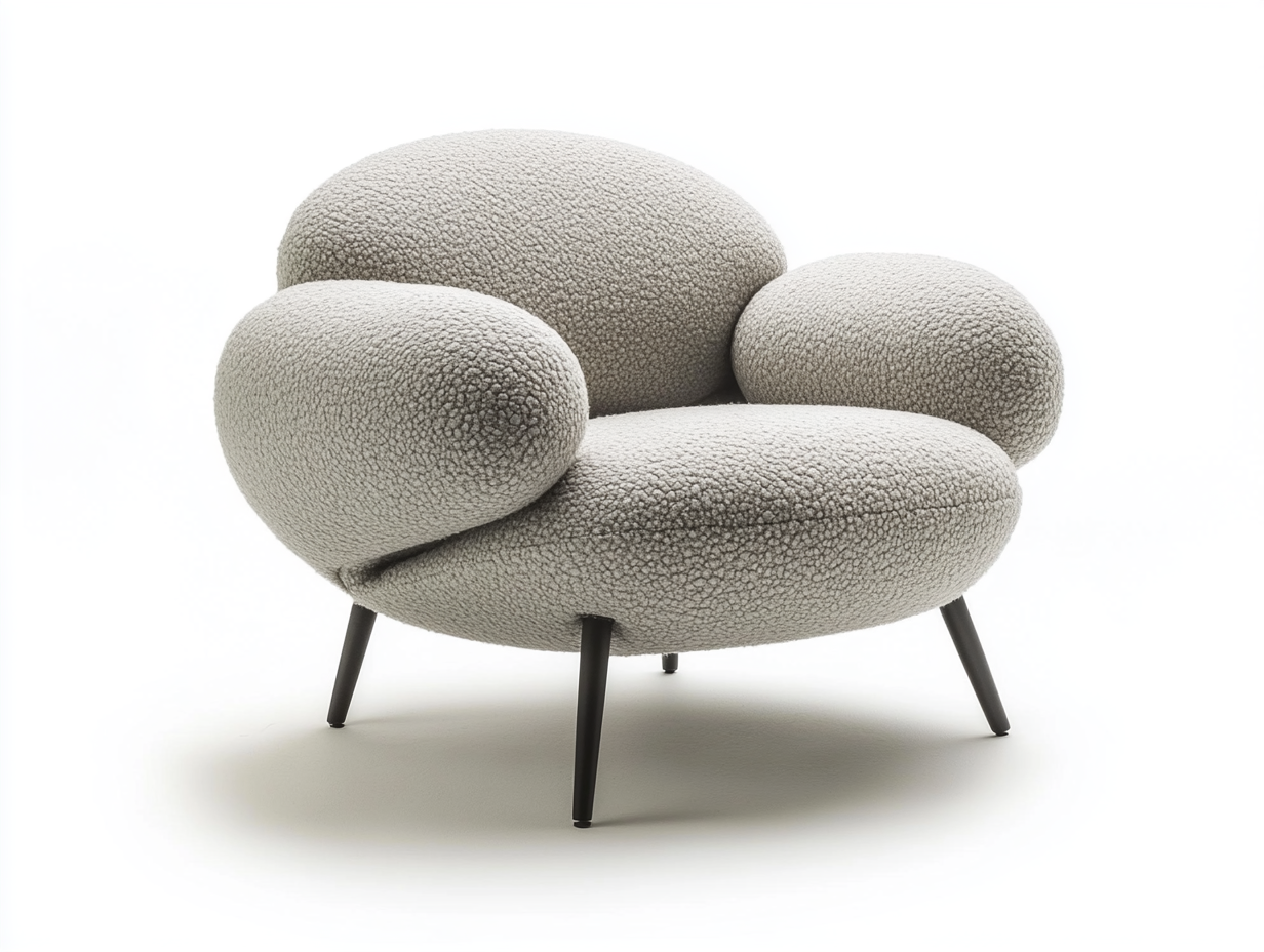 Sillón moderno con patas negras y tapizado en bouclé gris claro