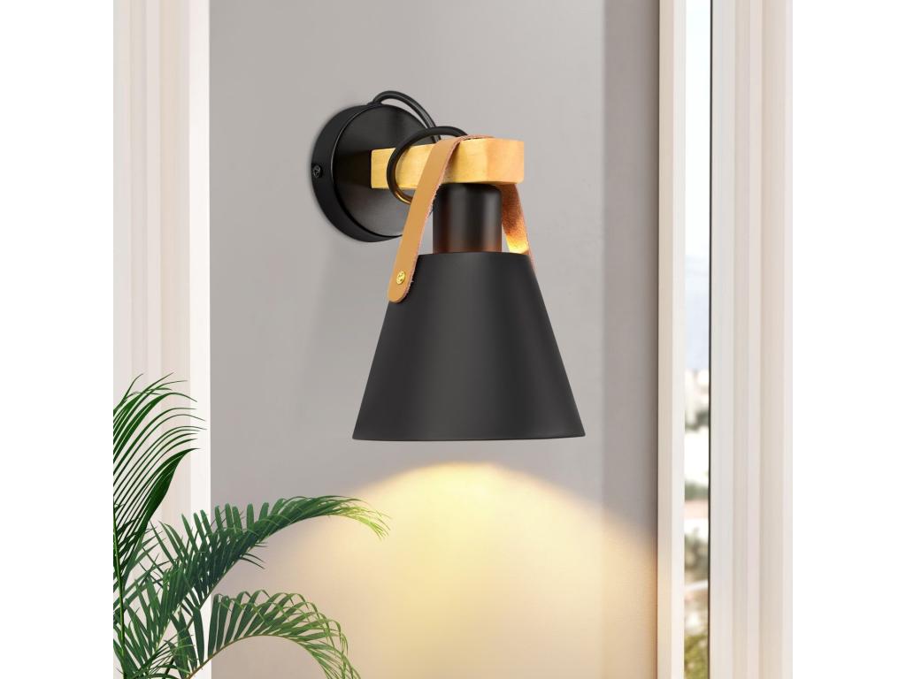 Casaplu Lámpara de pared vintage retro, E27, lámpara de pared negra, iluminación de pared industrial, hecha de madera, cuero y plástico, para salón, dormitorio, cocina, comedor, vestíbulo, escalera, cafés (sin bombilla).