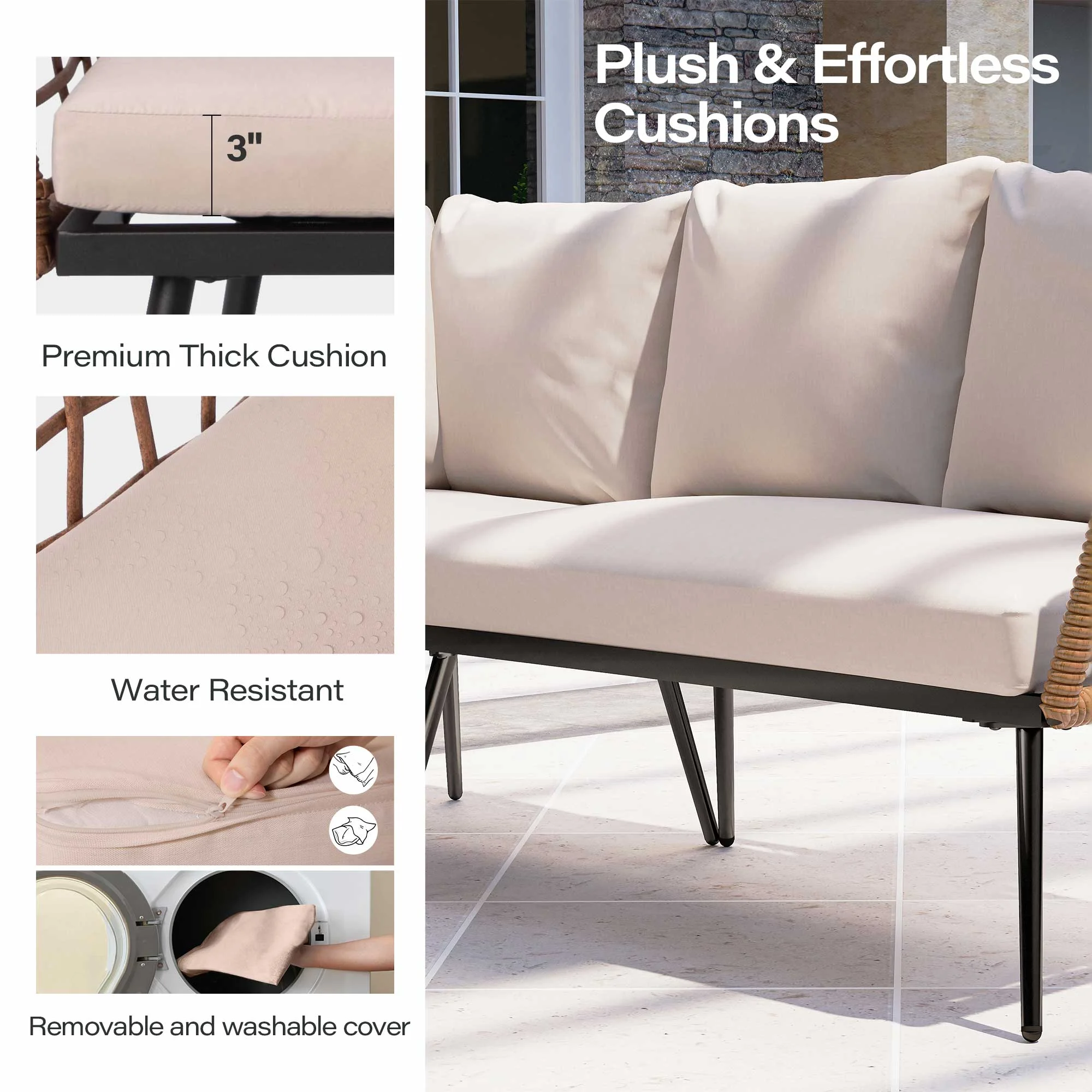 LAUSAINT HOME 4 Pieces Outdoor Conversation Sets, Patio Metal Frame Sofa with Wood Loveseat and Coffee Table, Beige Cushions - Image 14