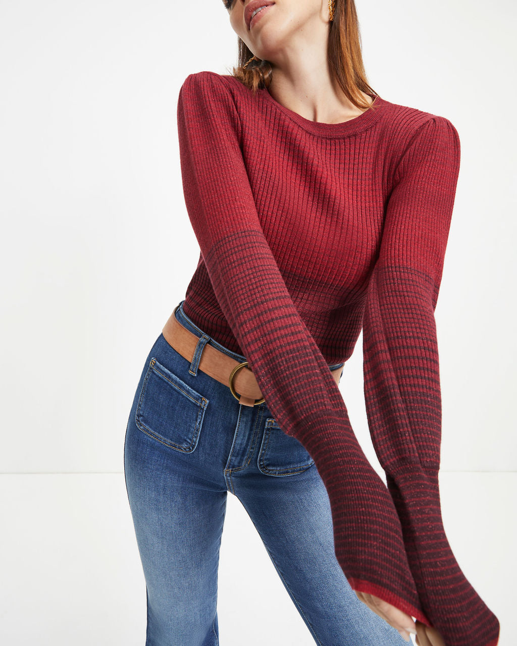 Fall Sunsets Ribbed Balloon Sleeve Pullover Sweater - Wine - FINAL SALE - Se7enfashion