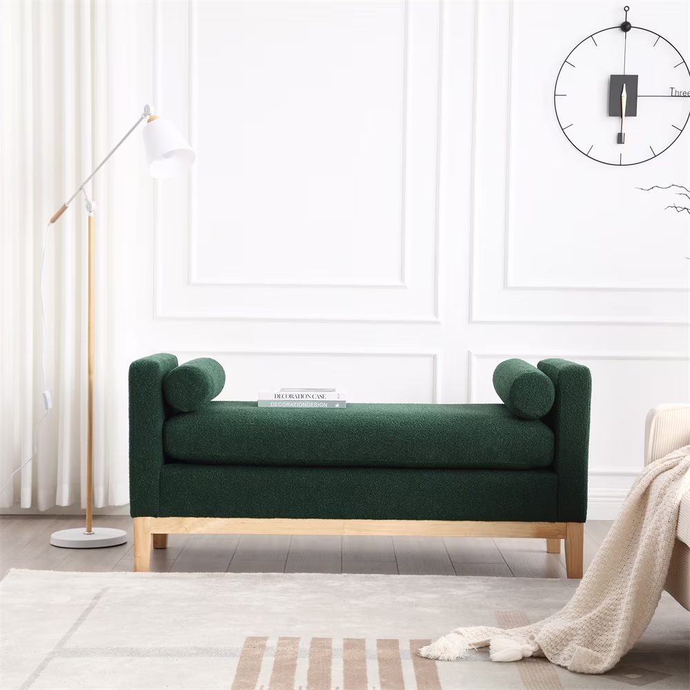 53.5"W Elegant Upholstered Bench with Wood Legs & Round Pillows,Comfy Boucle Fabric Footrest with Arms, Entryway Bench for End of Bed, Bedroom and Living Room, Ivory - Image 5