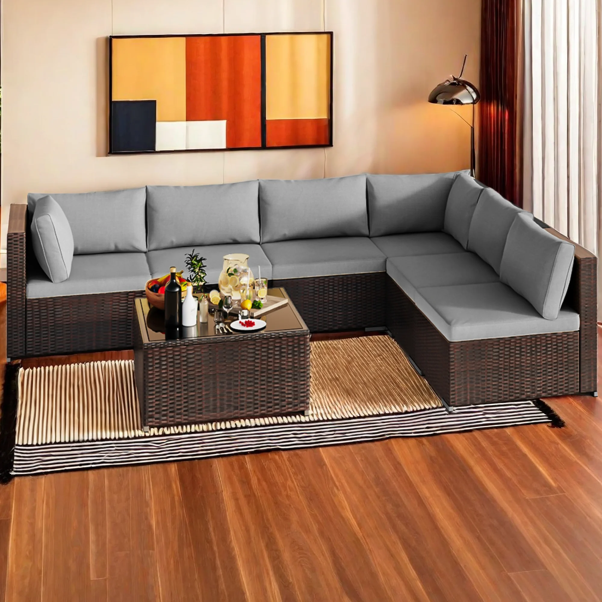 Patio Furniture Set Clearance Lofka Outdoor Sectional Furniture Sofa Set with Tempered Glass Table for Backyard, Garden & Poolside, Gray Cushions - Image 5