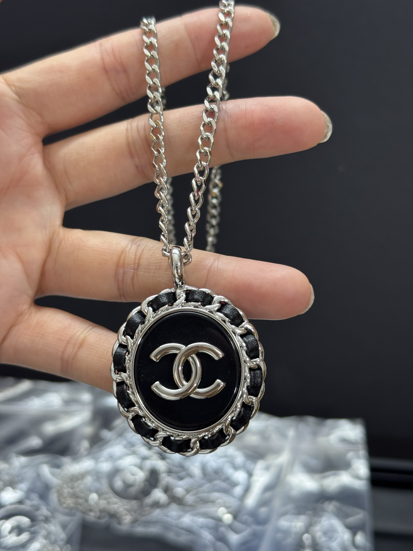 Chanel Large Leather Wrap Black Enamel Oval Pendant Necklace - Original Replica Club