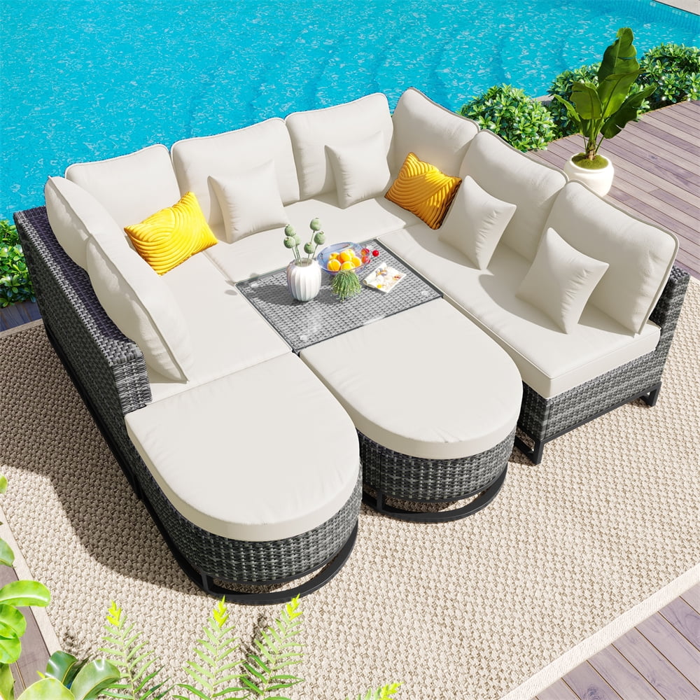 8 Pieces Outdoor Wicker Round Furniture Set, All Weather Half-Moon Sectional Patio Sofa Sets with Rectangular Coffee Table, Beige - Image 26