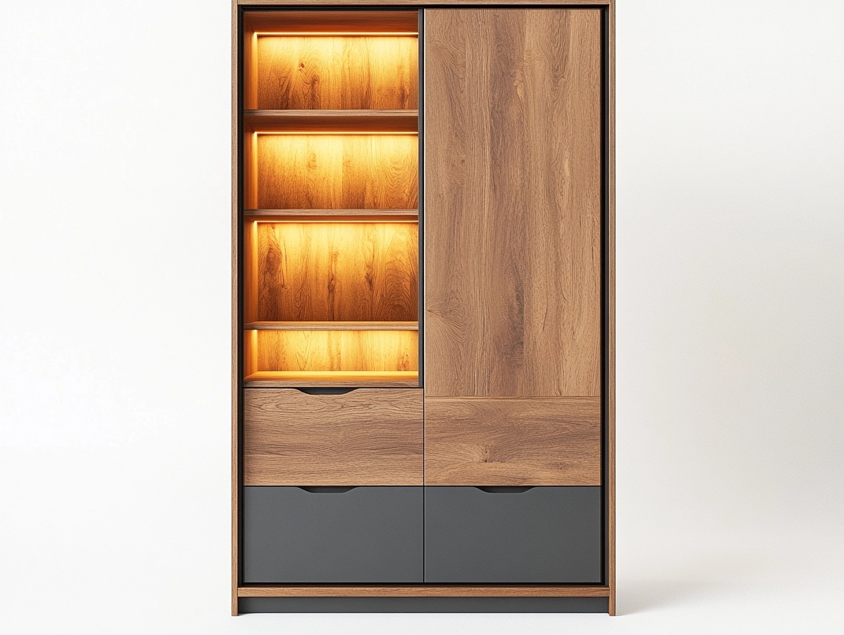 Armario moderno de roble con estantes iluminados para salón 180x90x40 cm madera y gris ideal para almacenamiento y decoración TU6358038