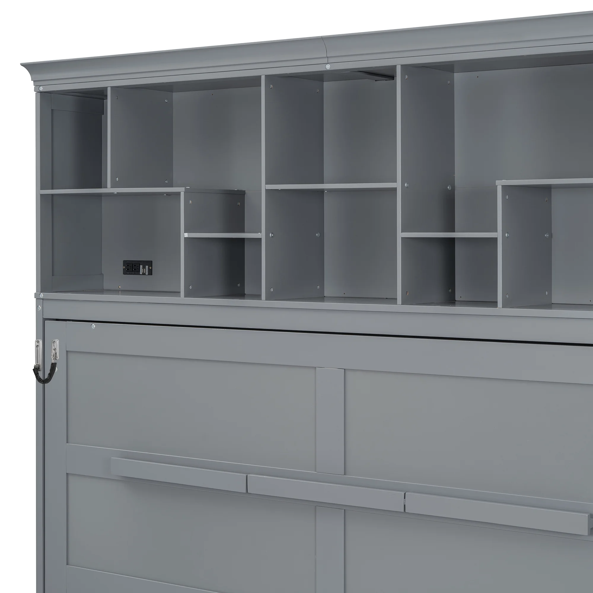 Queen Size Murphy Bed Wall Bed with Top Shelves & USB Charging, Space-Saving Cabinet Bed with Flexible Slats, Gray Modern Foldable Bed - Image 8