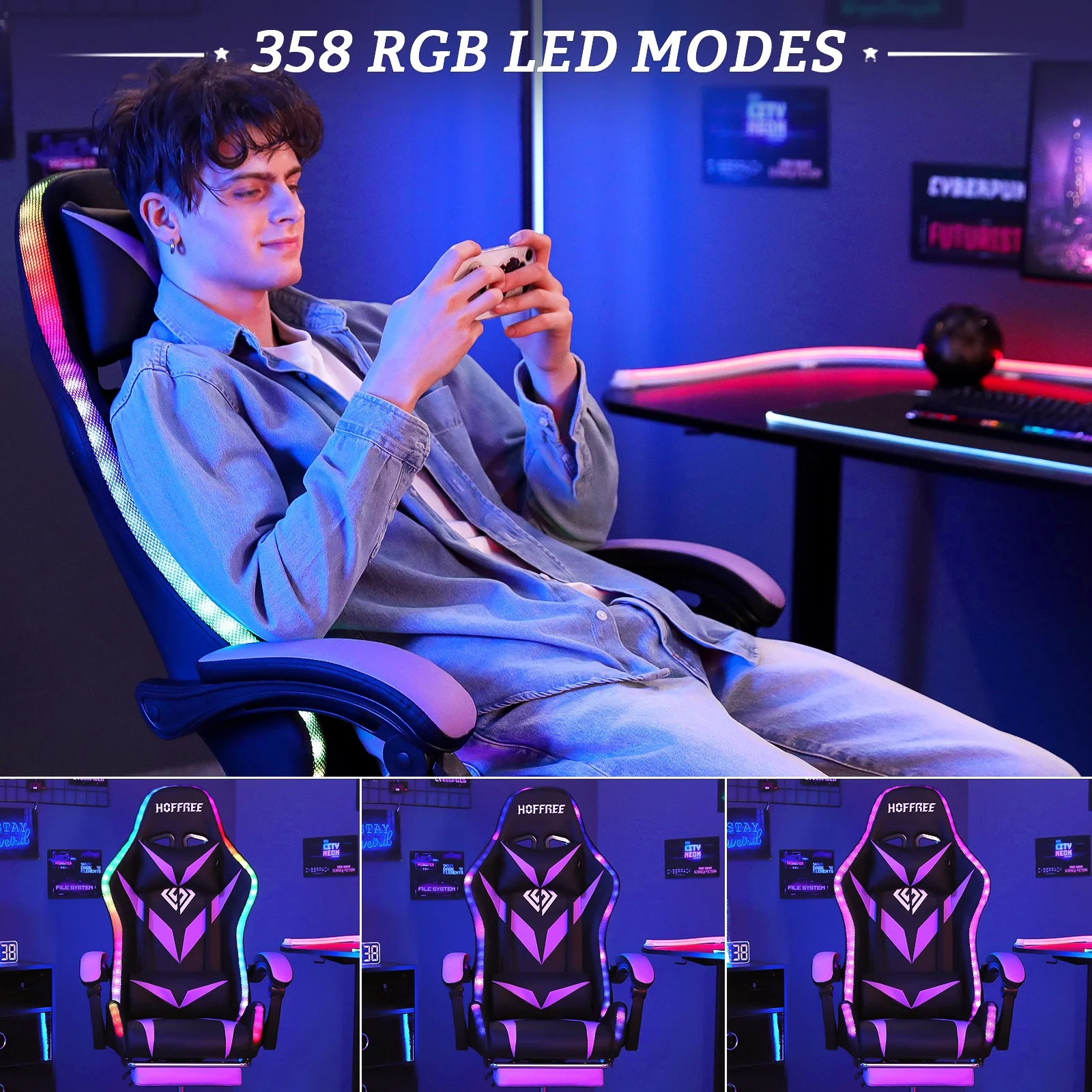 Hoffree Gaming Chair with Speakers PU Leather Office Chair with Footrest and LED Lights Ergonomic Gamer Chair with Massage Lumbar Support and Headrest Adjustable Swivel for Home Office 300lb - Image 50