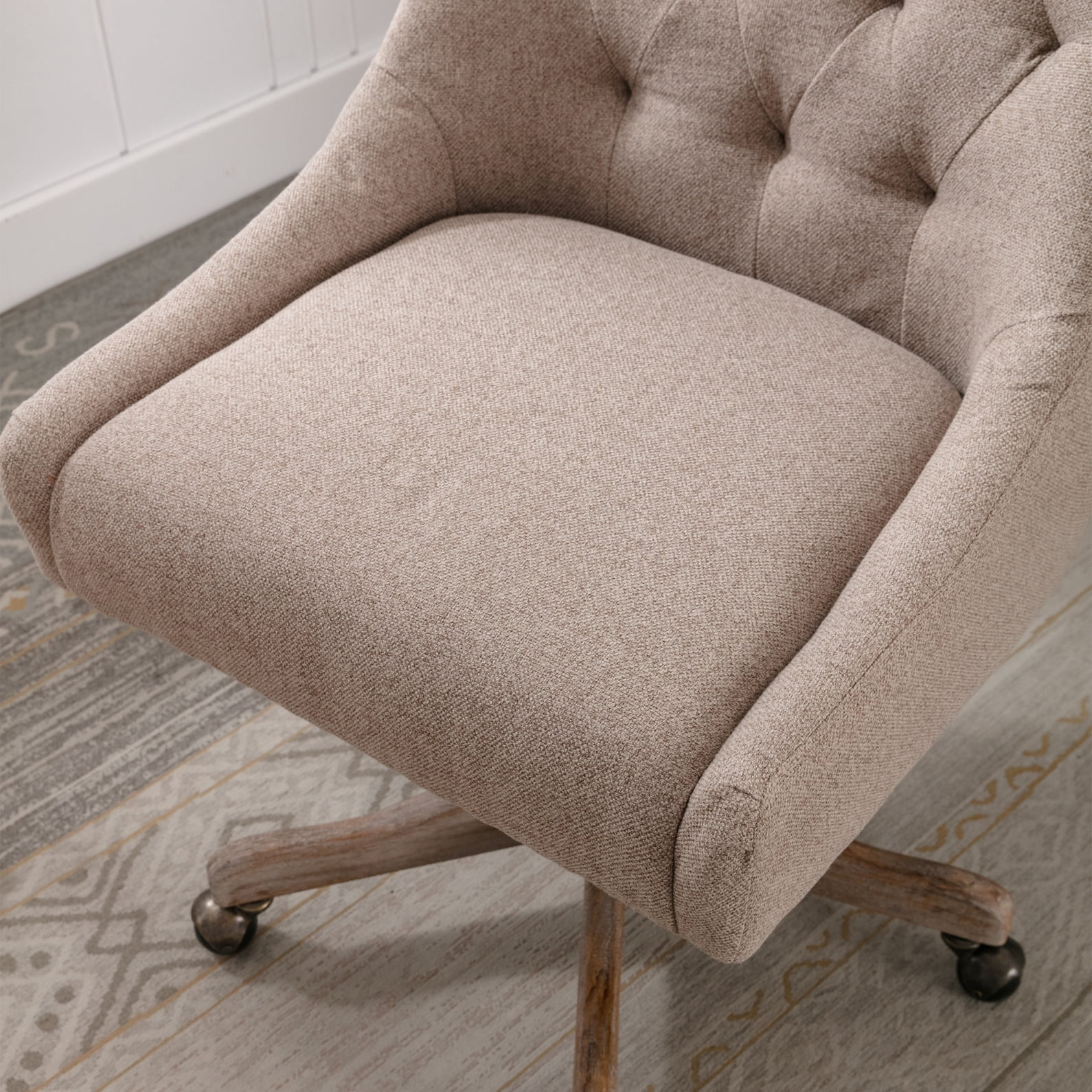 360 Degree Swivel Office Desk Chair, Upholstered Leisure Vanity Chair with Solid Wood Base and Wheels, Adjustable Height Computer Chair for Bedroom Living Room, Brown - Image 9