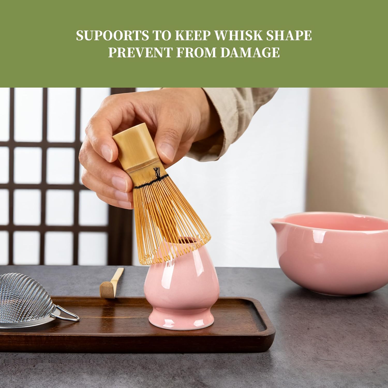 YIBO Matcha Whisk Set Pink, Handcrafted Bamboo Chasen & Ceramic Bowl Matcha Kit, Holder, Stainless Steel Sifter, Scoop Measuring Spoon & Cup Tools for Matcha Tea Ceremony