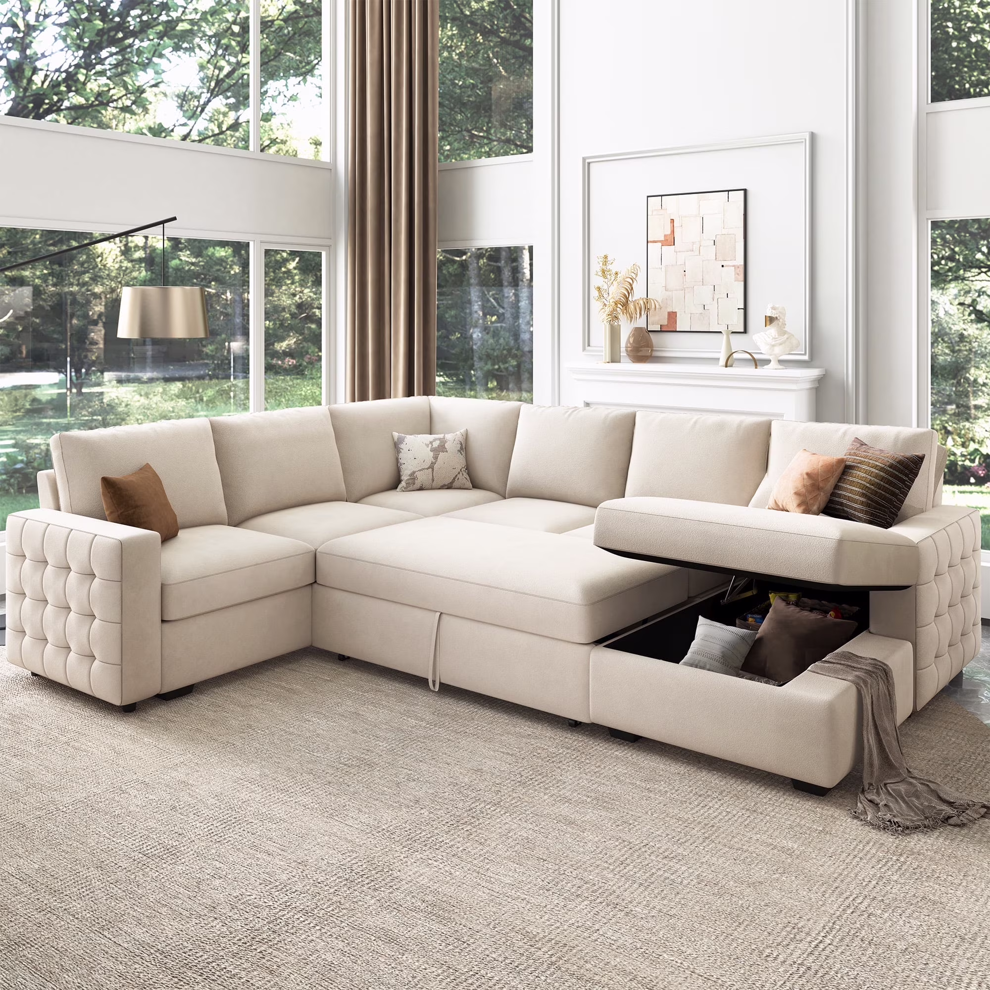 HONBAY Modular Sectional Pull-Out Sofa Bed with Storage Velvet U-Shaped Convertible Sleeper Sofa for Living Room, Blue - Image 7