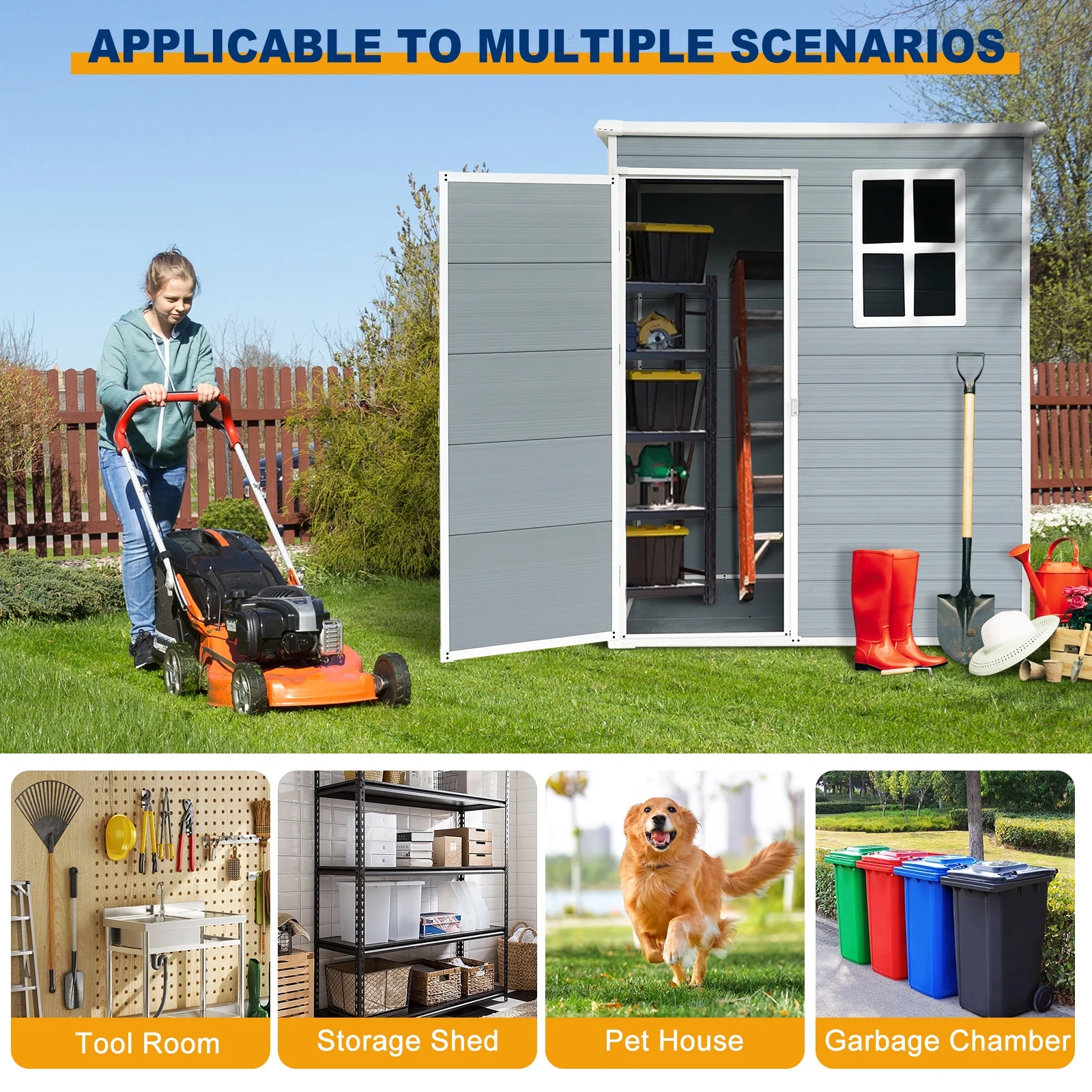 5'-3' Outdoor Storage Shed, Resin Storage Cabinet, Garden Tool Shed with Double Lockable Doors, Organizer Cabinet for Patio Yard, Gray - Image 2