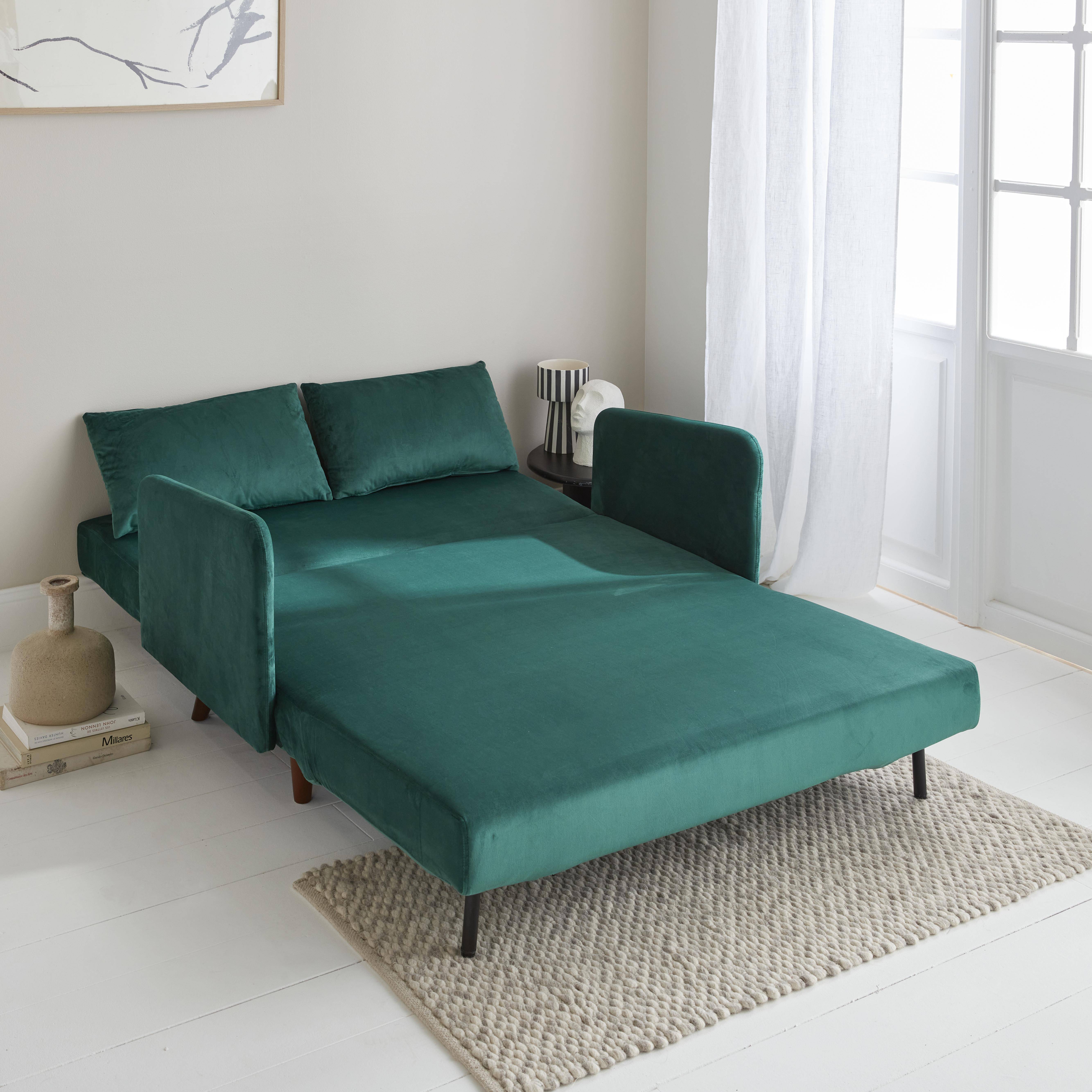 Panam terciopelo - Sofá cama de terciopelo con patas de madera, 2 plazas