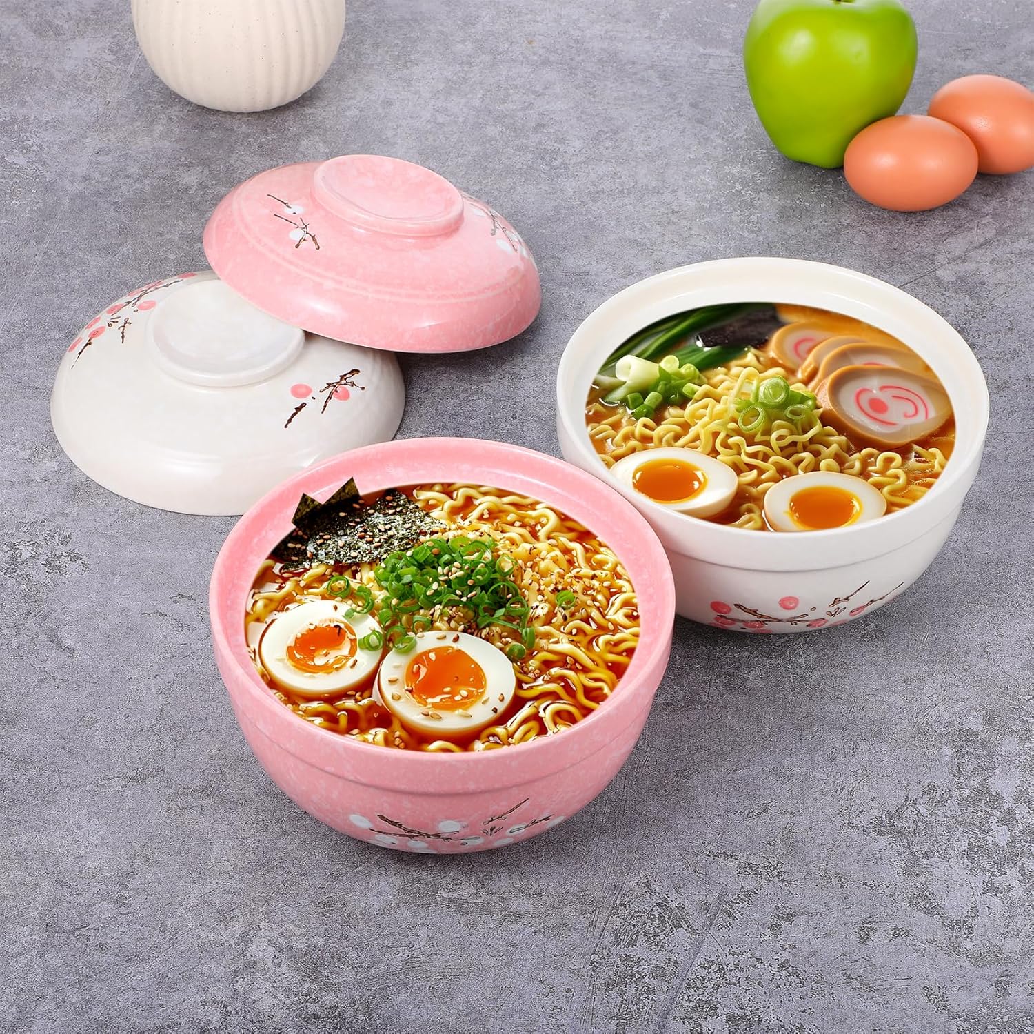 2 Pack Ceramic Ramen Noodle Bowl, 27 OZ Big Ramen Bowl with Lid, Japanese Hand-Painted Ceramic Tableware, Durable Floral Soup Bowl for Noodles, Porridge, Rice, Dishwasher Safe(Pink, Beige)