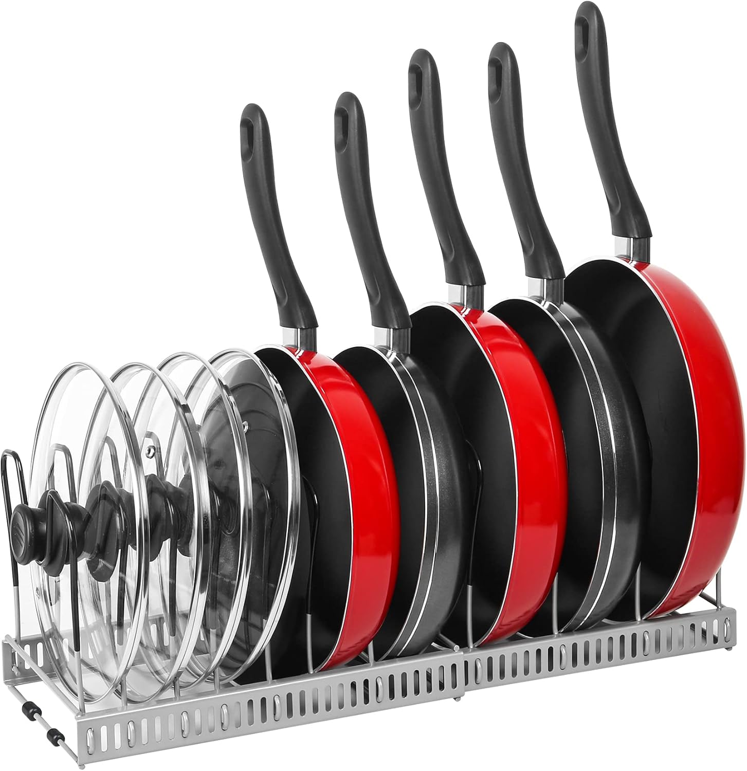 ROOHUA Pot Rack Organizer -Expandable Pot and Pan Organizer for Cabinet,Pot Lid Organizer Holder with 10 Adjustable Compartment for Kitchen Cabinet Cookware Baking Frying Rack Grey