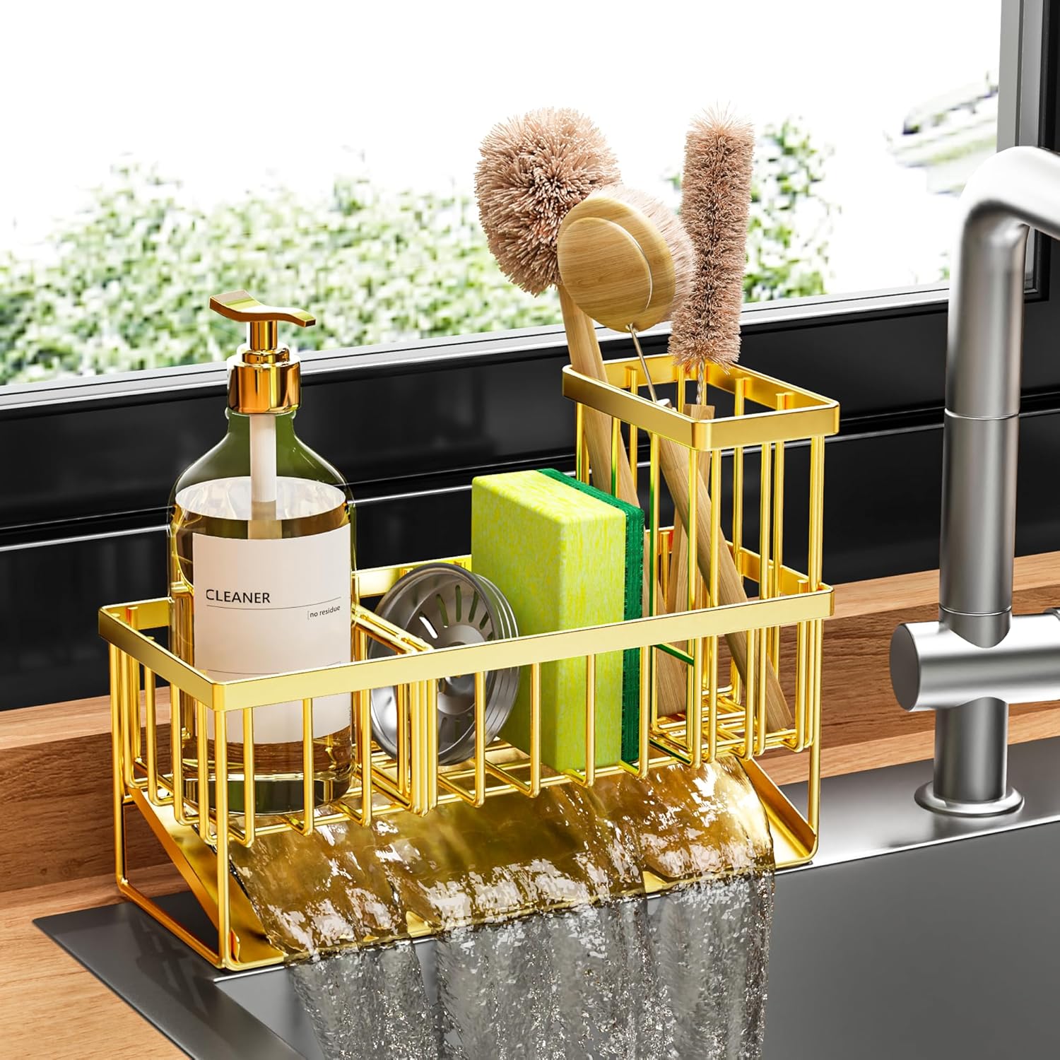 Cisily Sink Caddy Organzier with High Brush Holder, Sponge Holder for Sink, 304 Rustproof Stainless, Kitchen Countertop Soap Dispenser Organizer, Dark Gray Kitchen Decor and Accessories