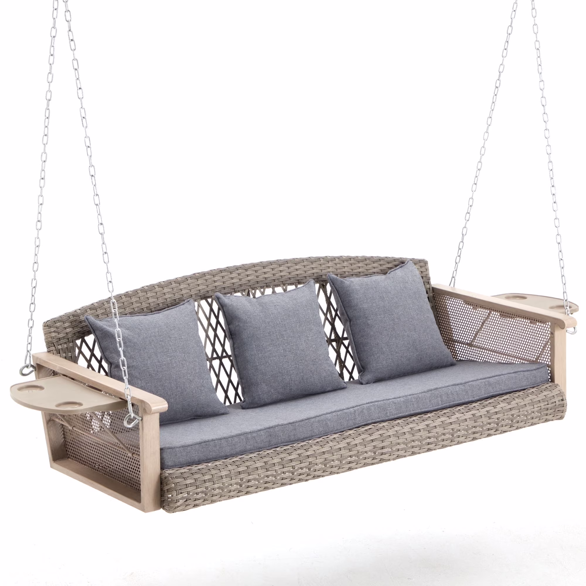 Homrest 3-Person Porch Swing 55in Wicker Hanging Swing Bench with Cushions and Cupholders for Deck, Garden and Backyard, Beige - Image 5