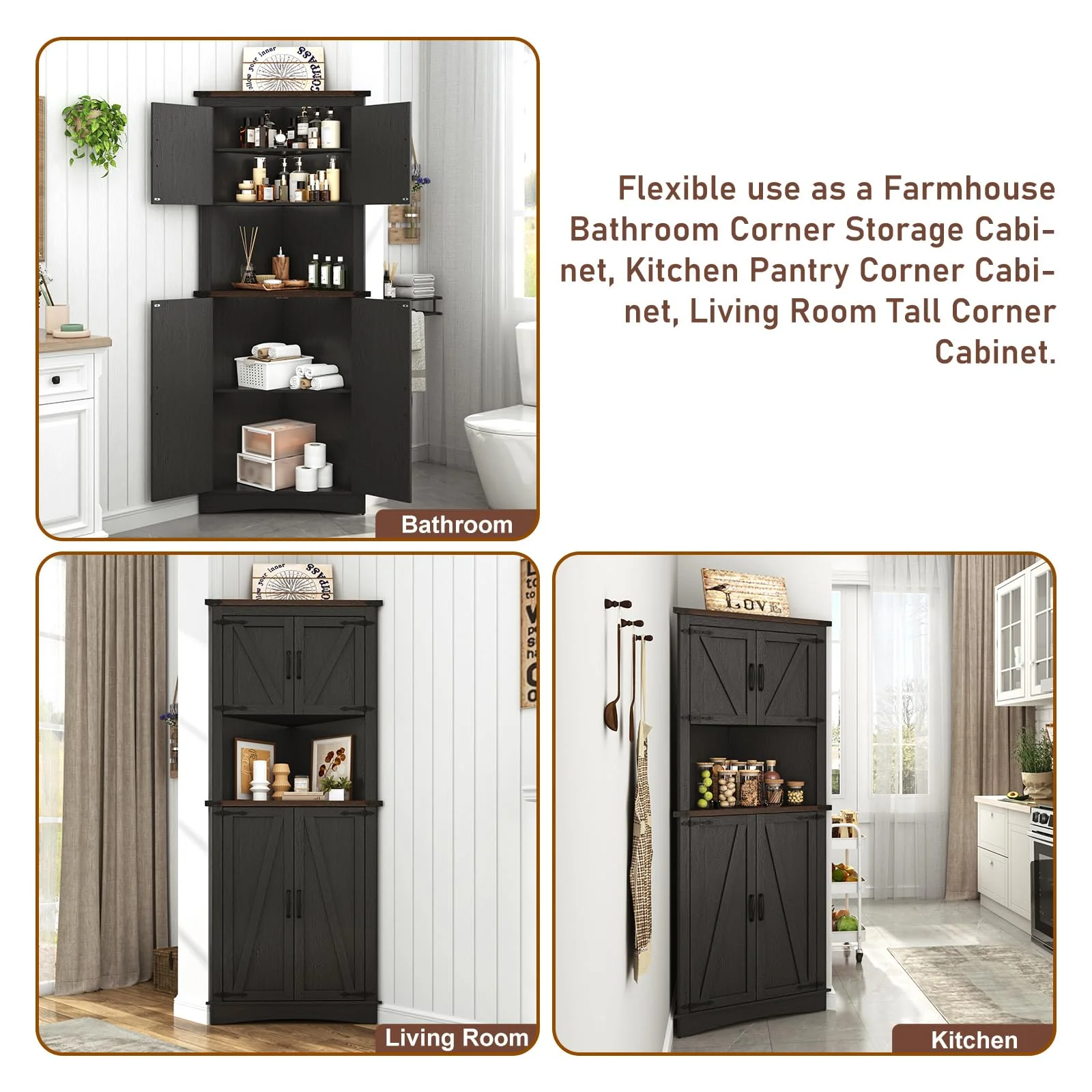 Blotout 68" Tall Farmhouse Corner Cabinet with 4 Doors, 28.3" W Barn Door Storage Cabinet with Adjustable Shelves, 5 Tier Corner Storage Cabinet for Bathroom,Living Room,Kitchen - Image 26