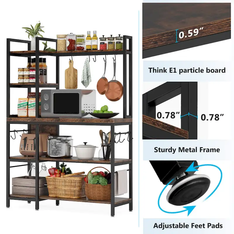 43-Inch Kitchen Bakers Rack with Microwave Stand - 5-Tier Utility Storage Shelf and 10 Hooks for Kitchen and Living Room