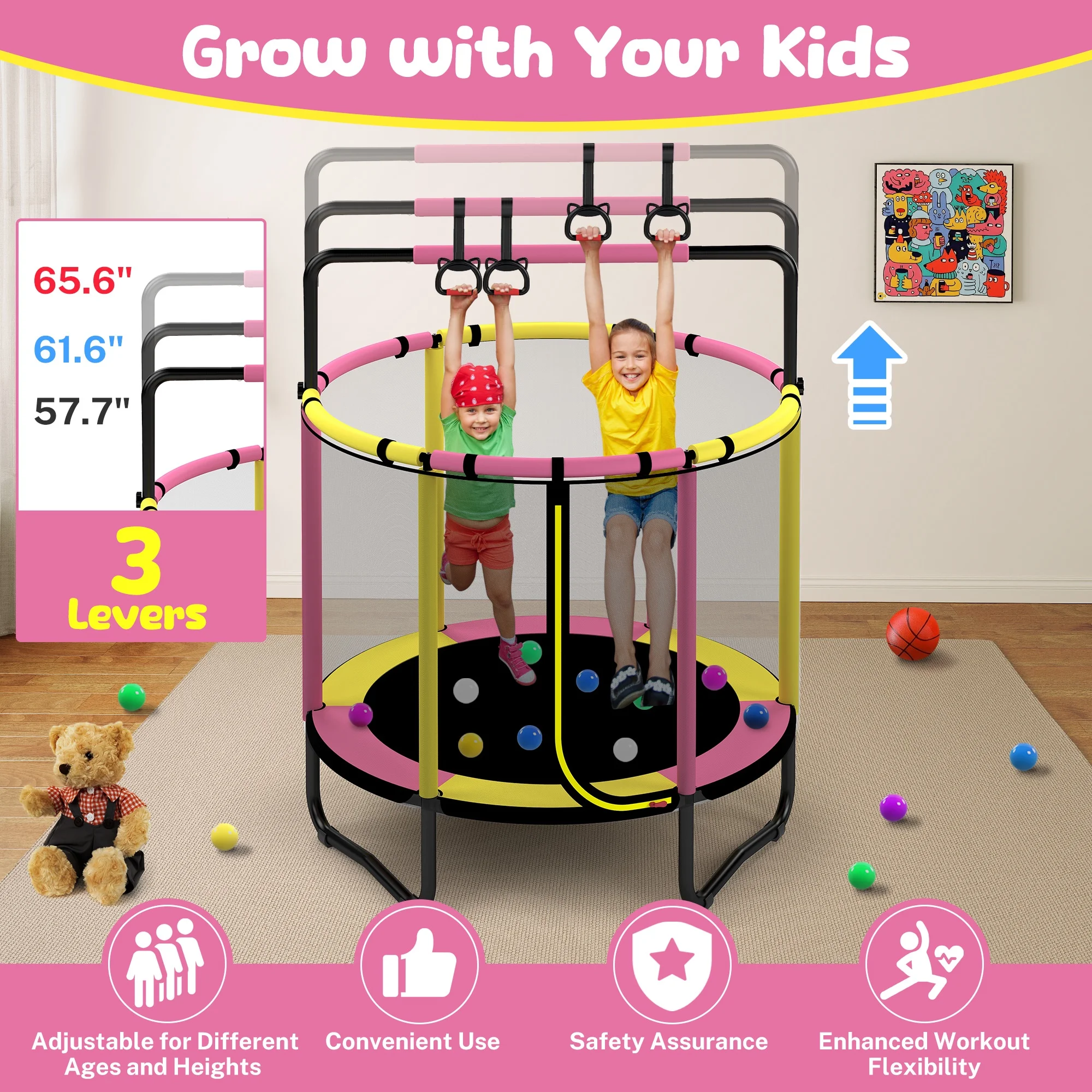 Mini Round Trampoline for Kids with Basketball Hoop, SEGMART 55'' Indoor Outdoor Toddler Trampoline with Enclosure Net, Swing, Sandbag, Ring, Ocean Balls, Small Trampoline Gift for Boys Girls, Blue - Image 19