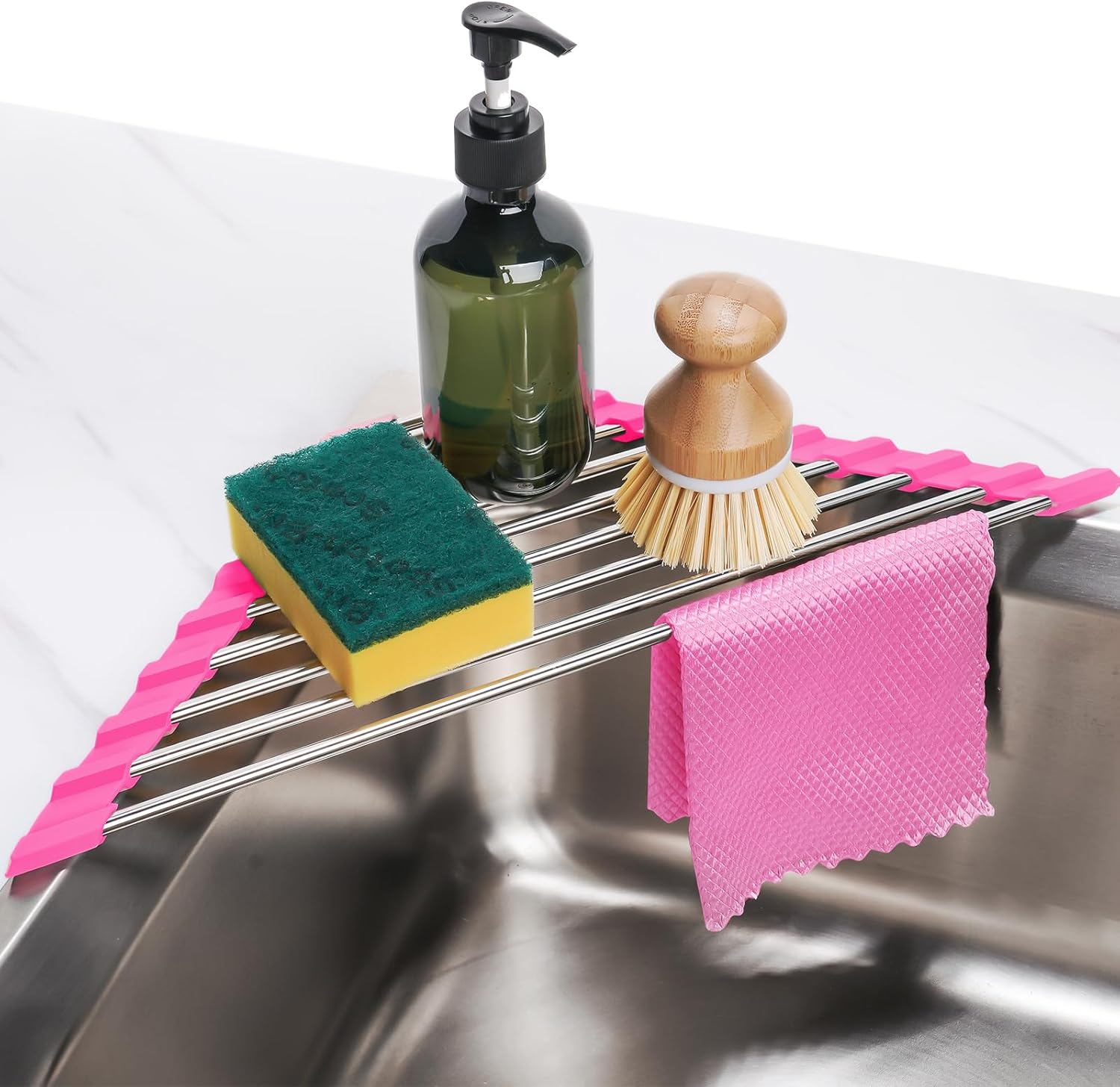 Tomorotec Marble Triangle Roll-Up Dish Drying Rack for Sink Corner - Small, Foldable, Stainless Steel, Multipurpose Kitchen Drainer Caddy, Trivet, Rustproof Organizer, Storage Shelf