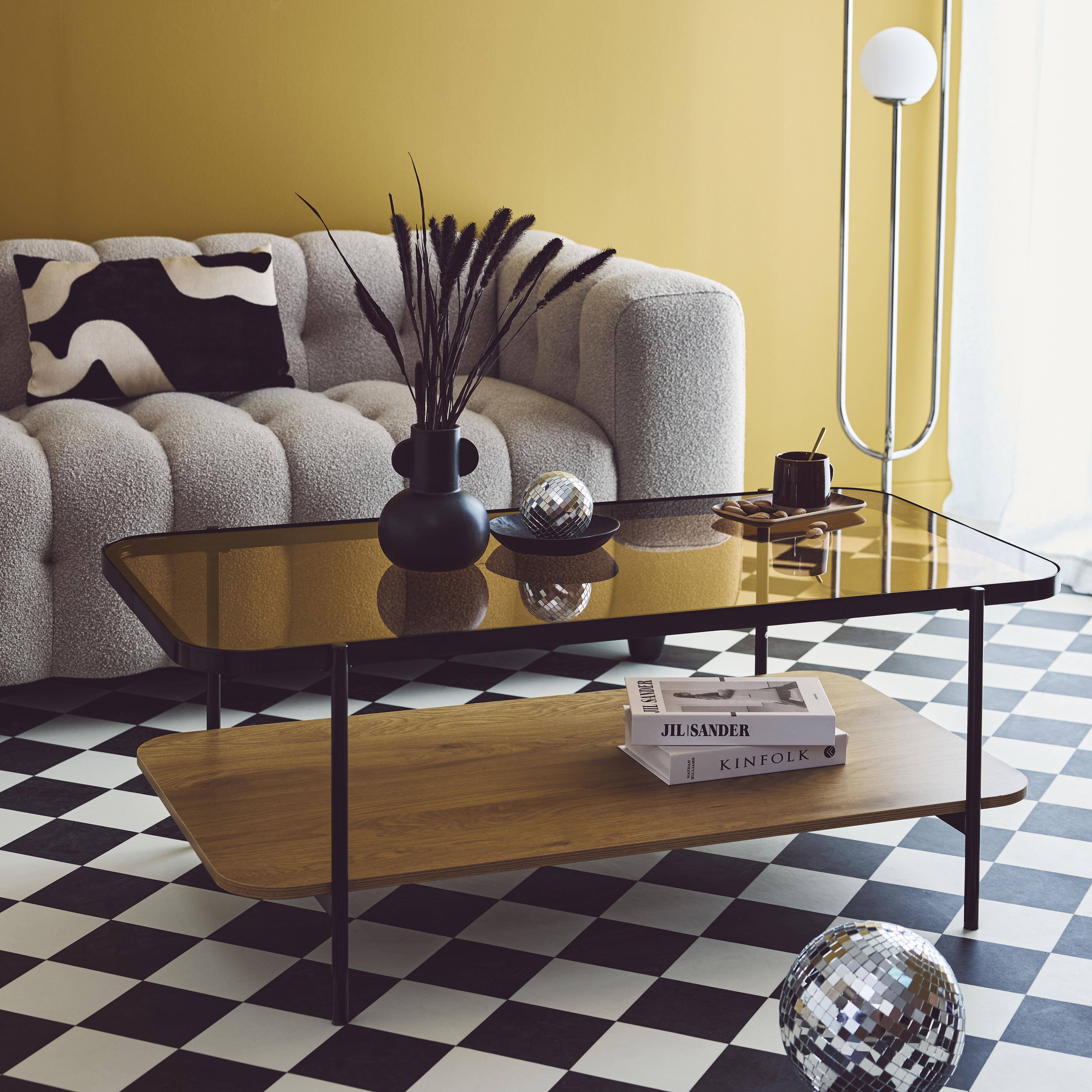 Smooky - Mesa de centro vintage de metal negro con tapa de cristal y decoración de madera