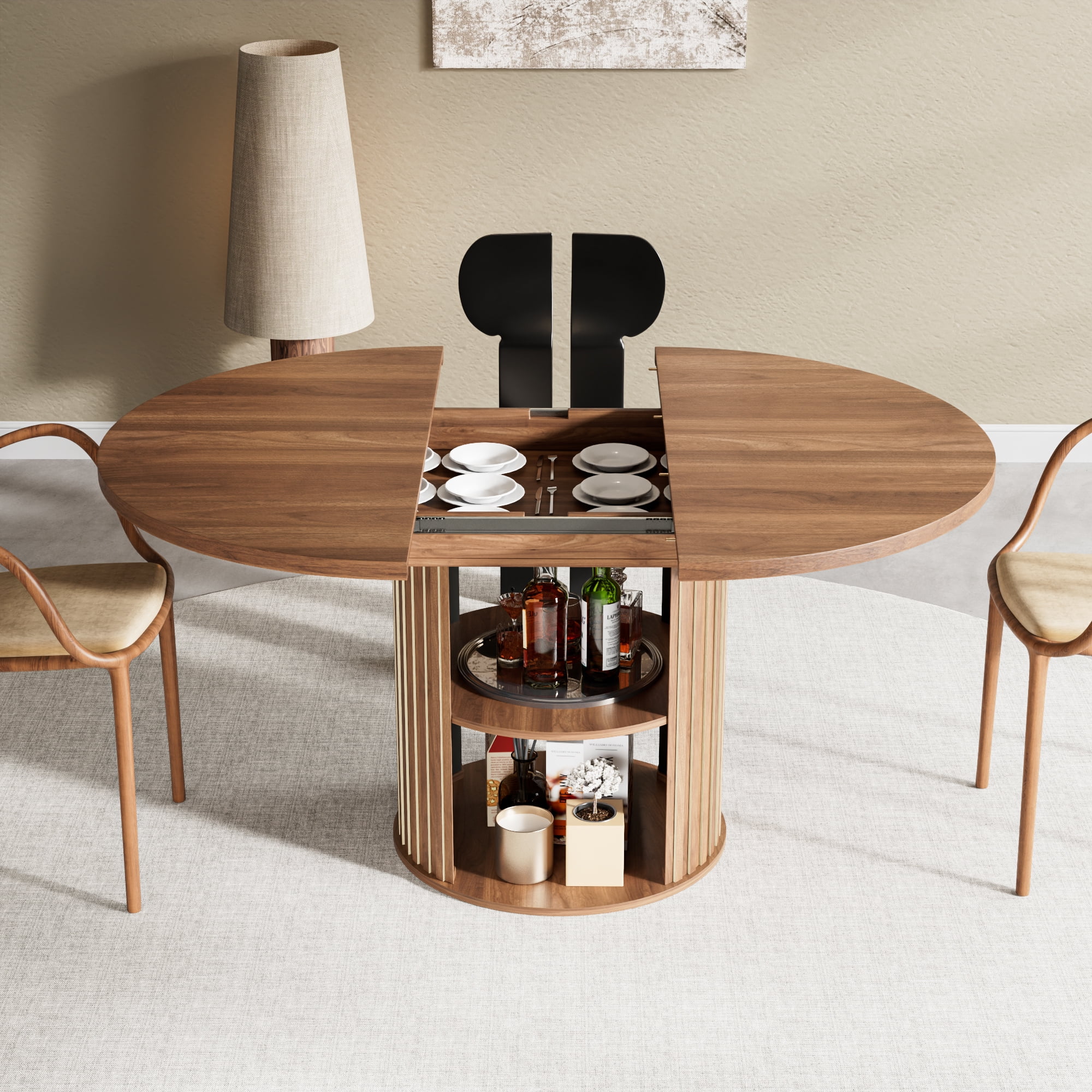 Extendable Dining Table for 4-6, Round Kitchen Table with Storage Shelf, Oval Dining Tables for Living Room (Walnut) - Image 7