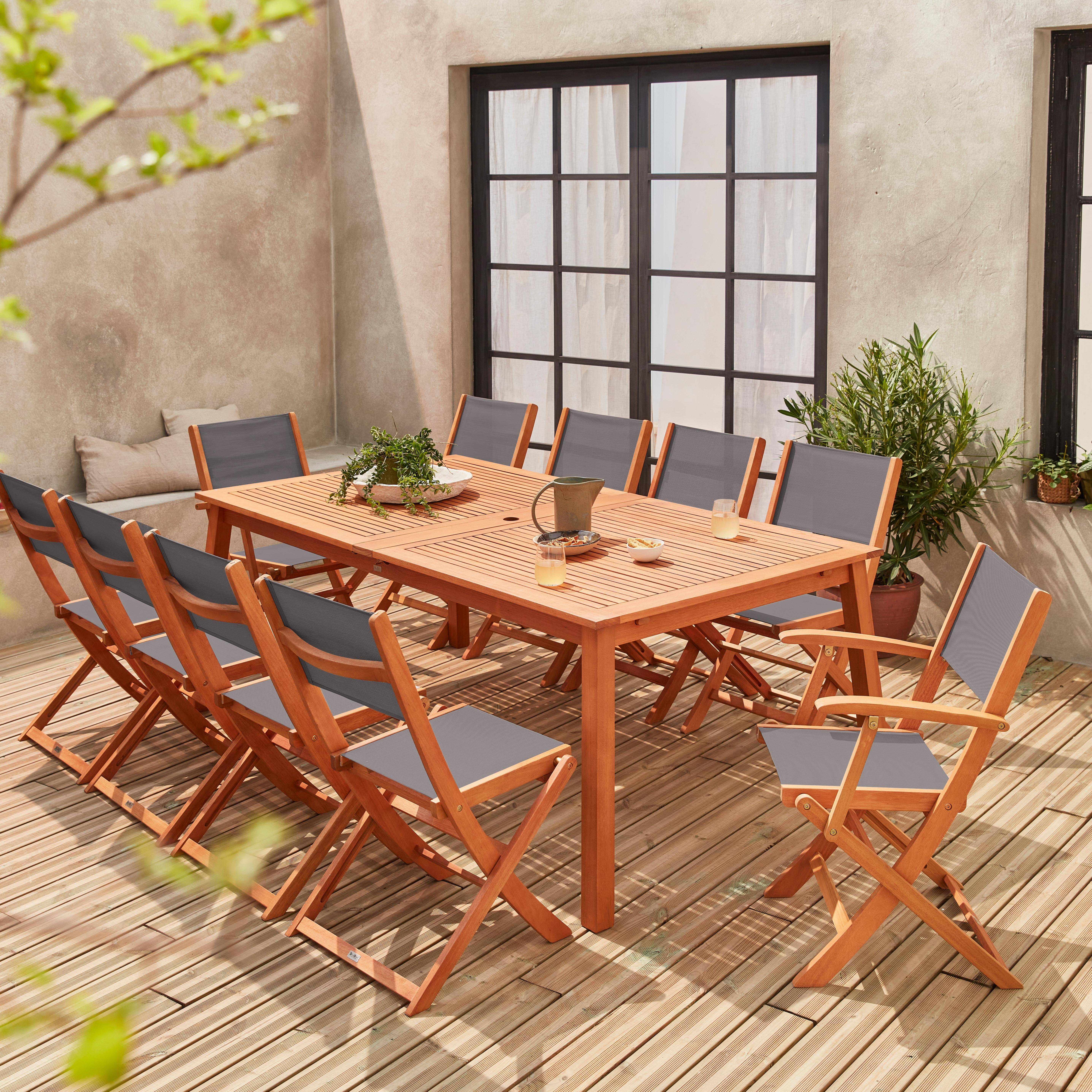 Almeria - Mesa de jardín extensible de madera + 10 sillas