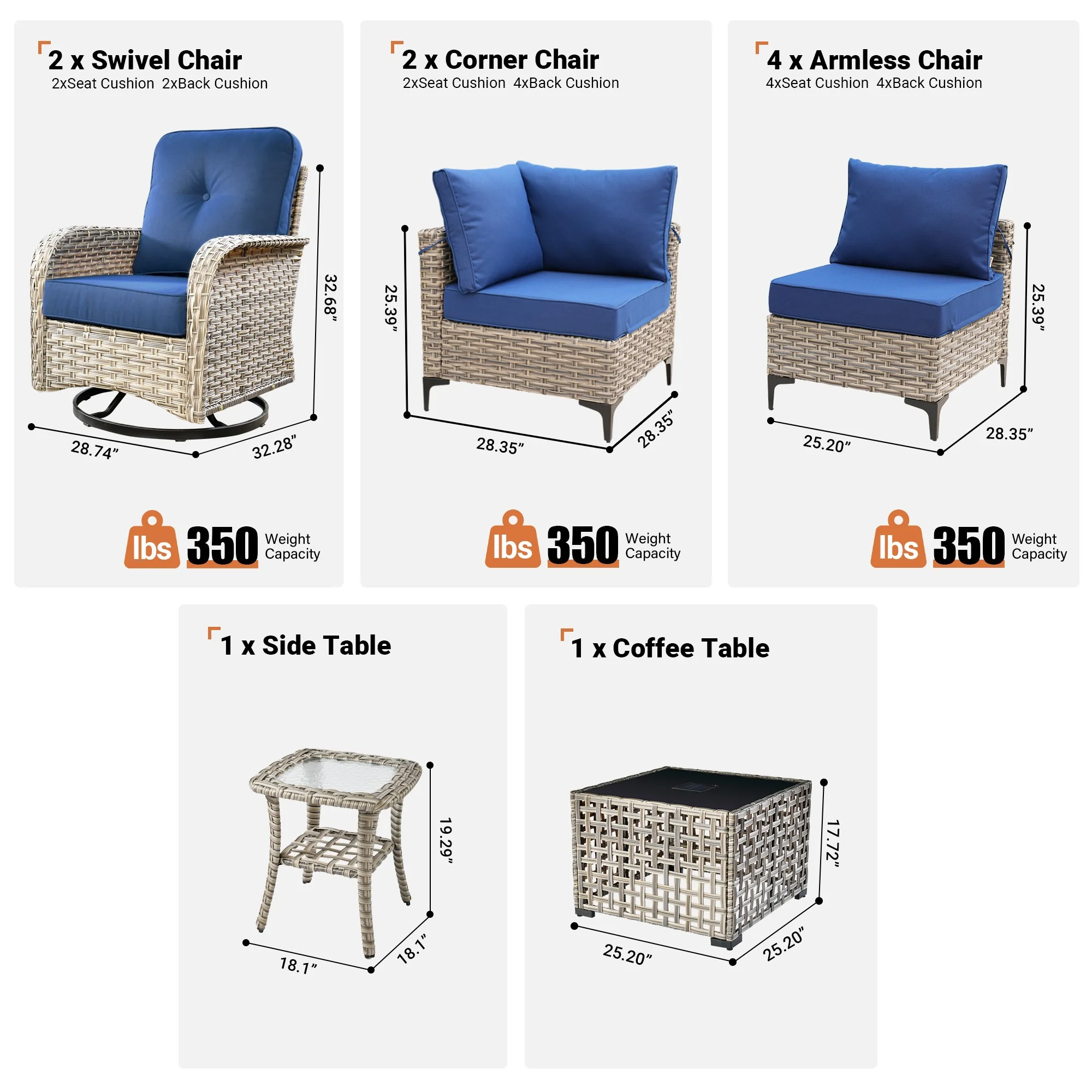 Vcatnet Outdoor Patio Furniture Sets 10 Pieces Sectional Sofa Wicker Conversation Set with Swivel Glider Chairs and Solar Powered Coffee Table for Porch,Backyard,Gray - Image 54