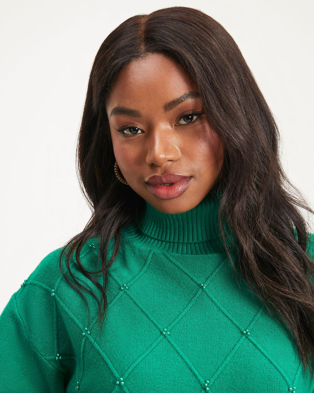 Ruth Knit Turtleneck Pearl Embellished Pullover Sweater - Emerald - Se7enfashion
