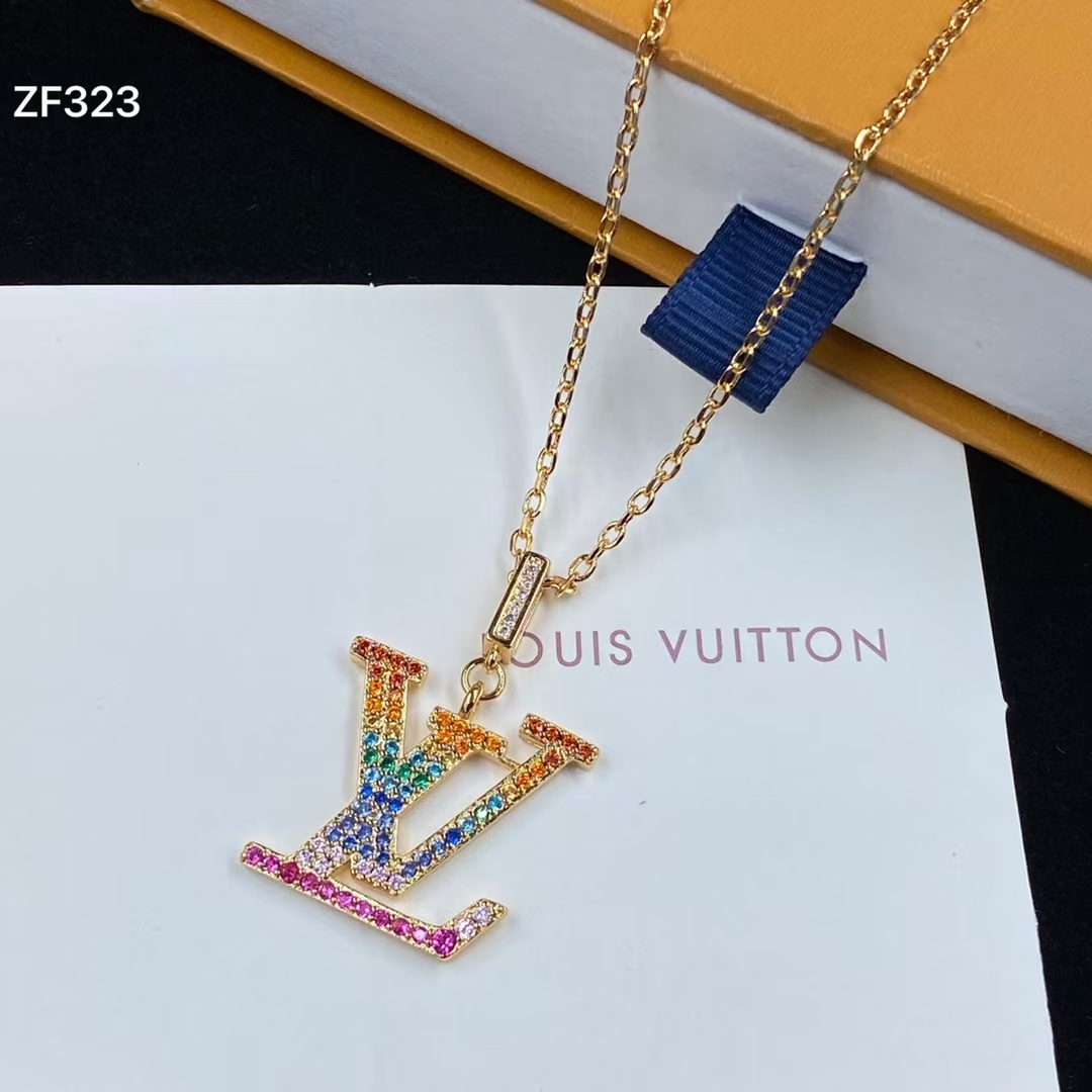 Louis Vuitton Colorful Diamond LV Letters Pendant Necklace - Original Replica Club