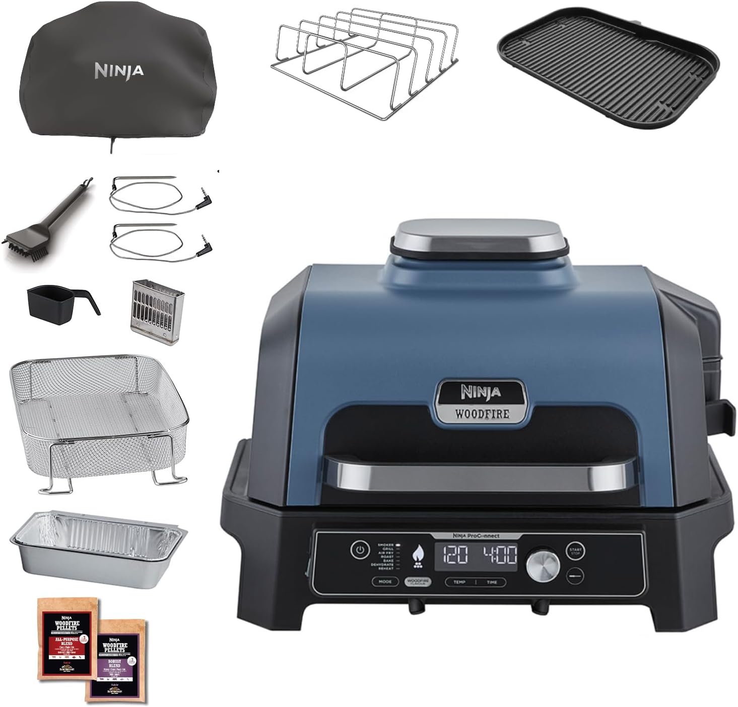 Ninja Woodfire Barbecue électrique et fumoir Pro XL avec thermomètre, barbecue et Air fryer d'extérieur 4-en-1 avec système Smart Cook et granulés Woodfire, portatif, gris/noir, OG850EU