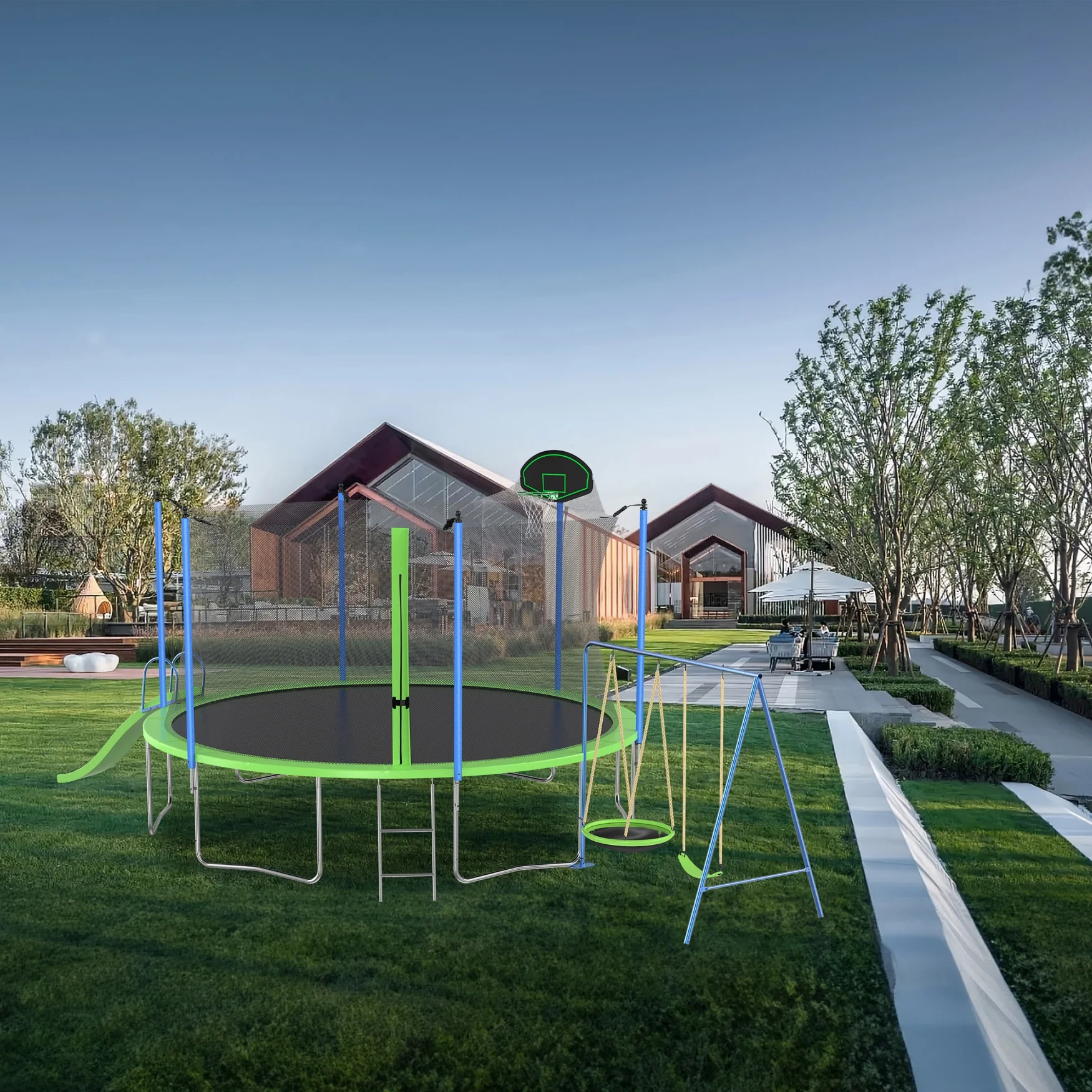 12FT Trampoline with Slide and Swings, Large Outdoor Backyard Trampoline with Basketball Hoop and Ladder for Kids and Adults - Image 4