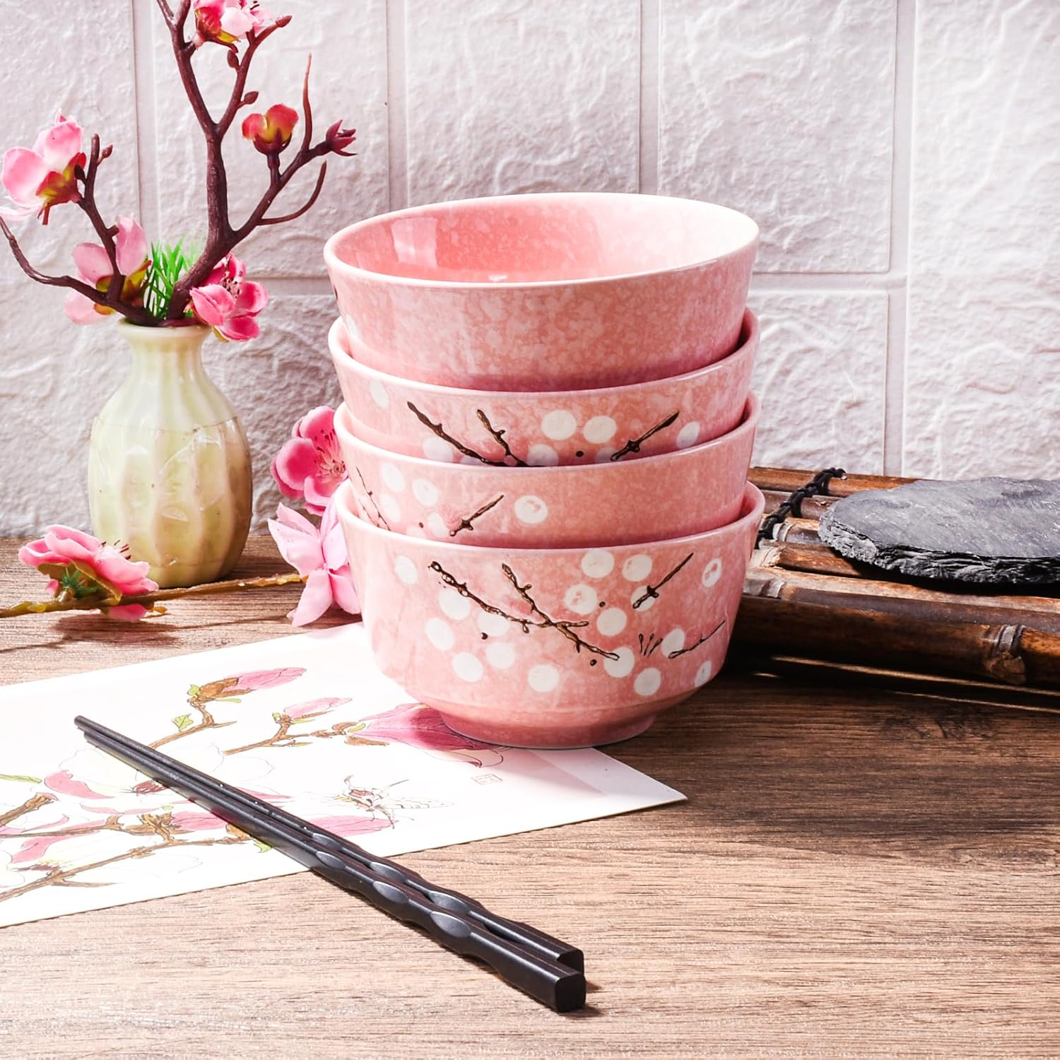 Pink Ceramic Rice Bowl Set of 4, 4.37 Inch Japanese Cherry Blossom Small Bowls for Kitchen, Floral Porcelain Bowls for Cereal, Dessert, Sushi Sauce & Snack
