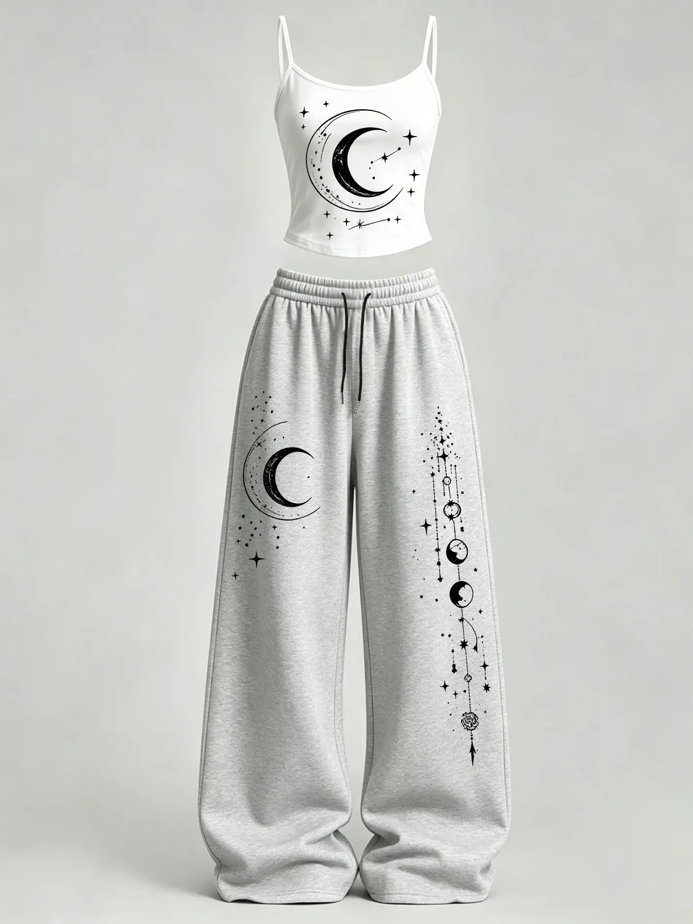 Women's Home Casual, Star Moon Print Slim Fit Tank Top + Loose Pants Set TeeThreads Sustain the Scene with Custom Apparel