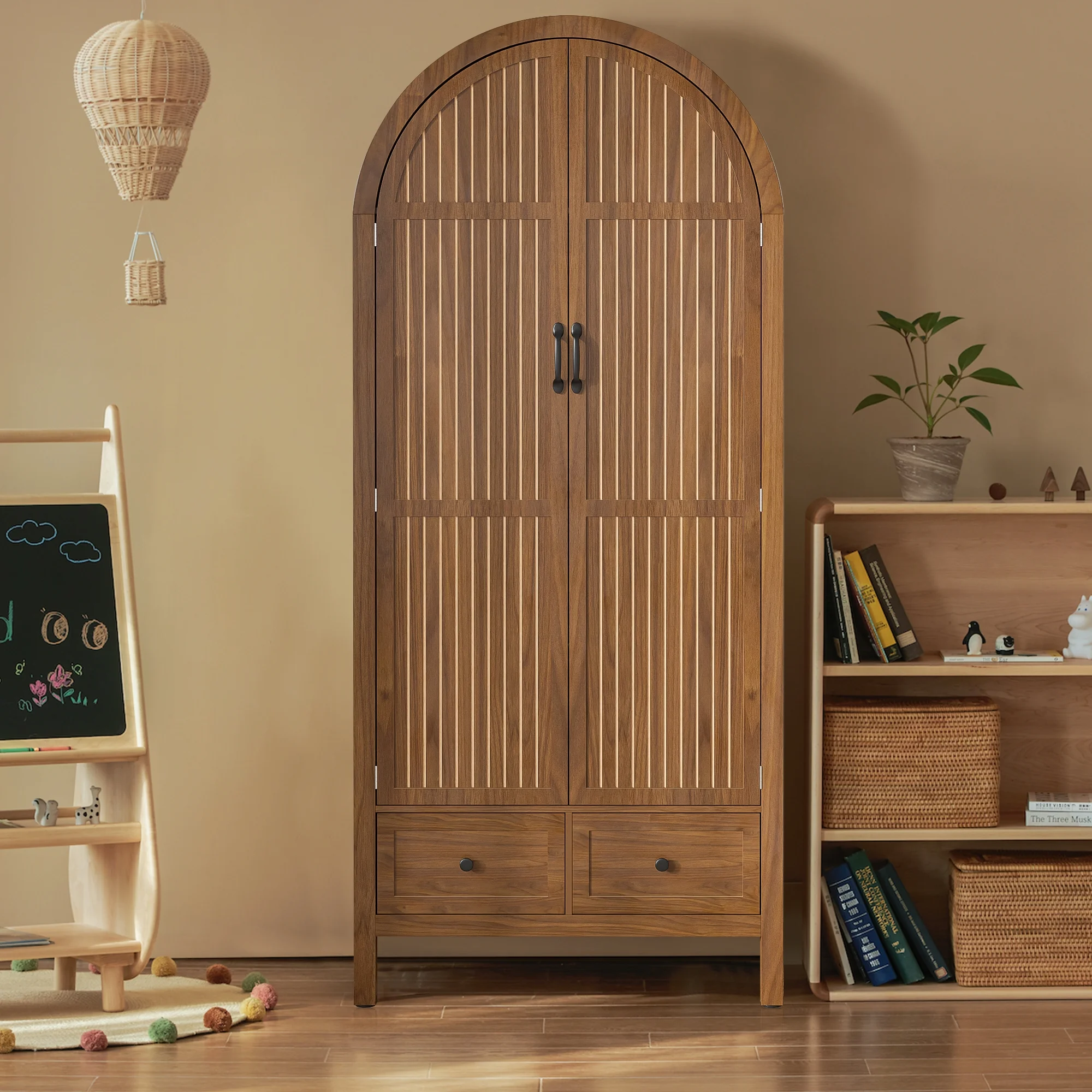 Oubayajia Arched Armoire Wardrobe Closet with Fluted Doors, Wooden Wardrobe Closet with Drawers, Shelves and Hanging Rod for Bedroom - Image 8