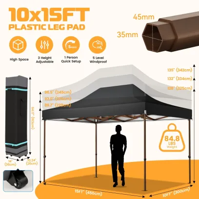 COBIZI 10x15 Pop Up Canopy Tent Heavy Duty with Sidewall, Commercial Outdoor Easy Pop Up Gazebo for Party Wedding All Weather Waterproof UV 50+ with Roller Bag(Leg Upgraded),Black