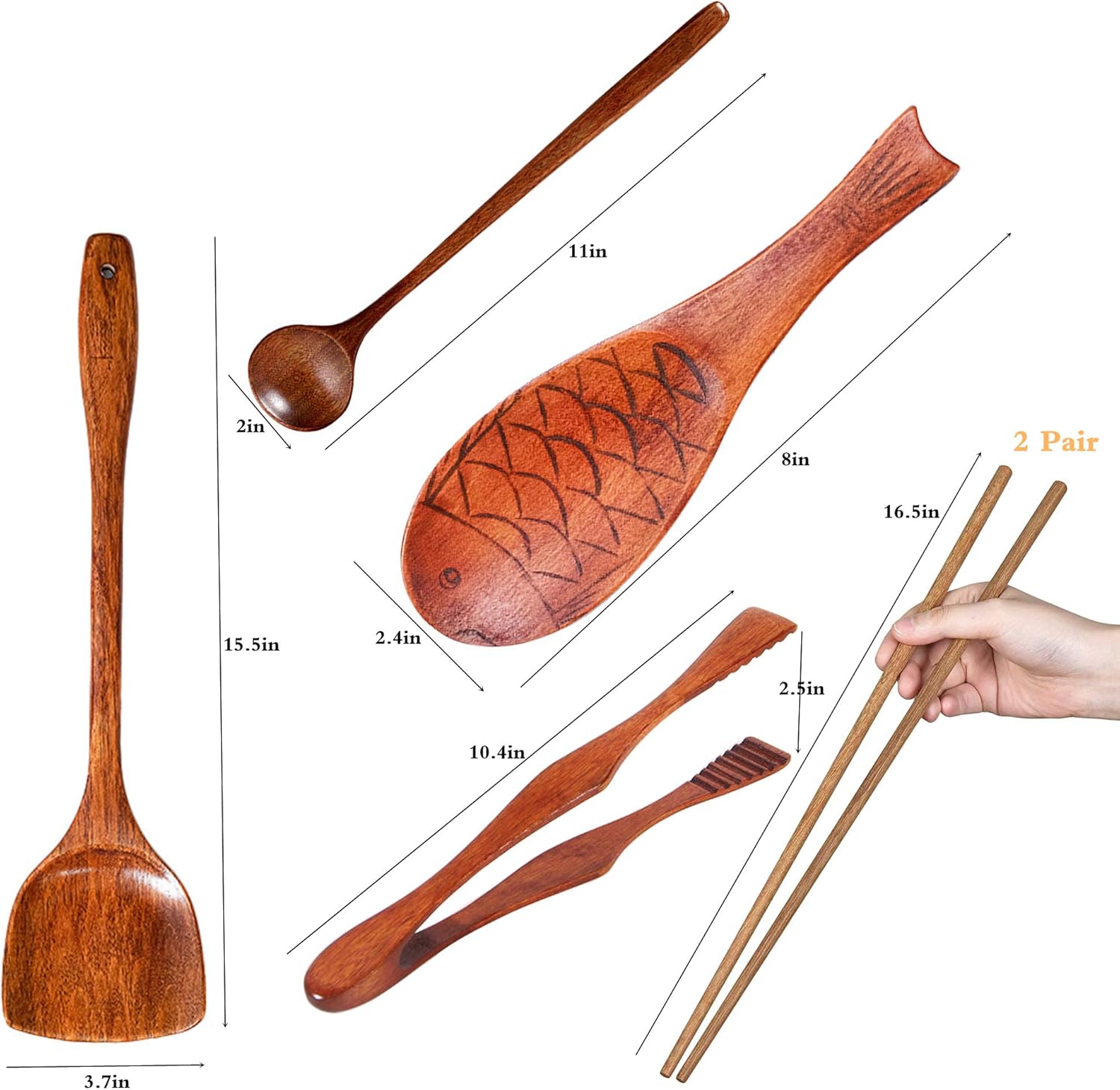 FJNATINH Wok Utensils Wooden Cooking Utensils Tools 6 PCS Wooden Spatula, Barbecue Tongs,Wok Shovel, Cooking chopsticks,Long Spoons,Nanmu Fish Shaped Rice Spoon Accessories
