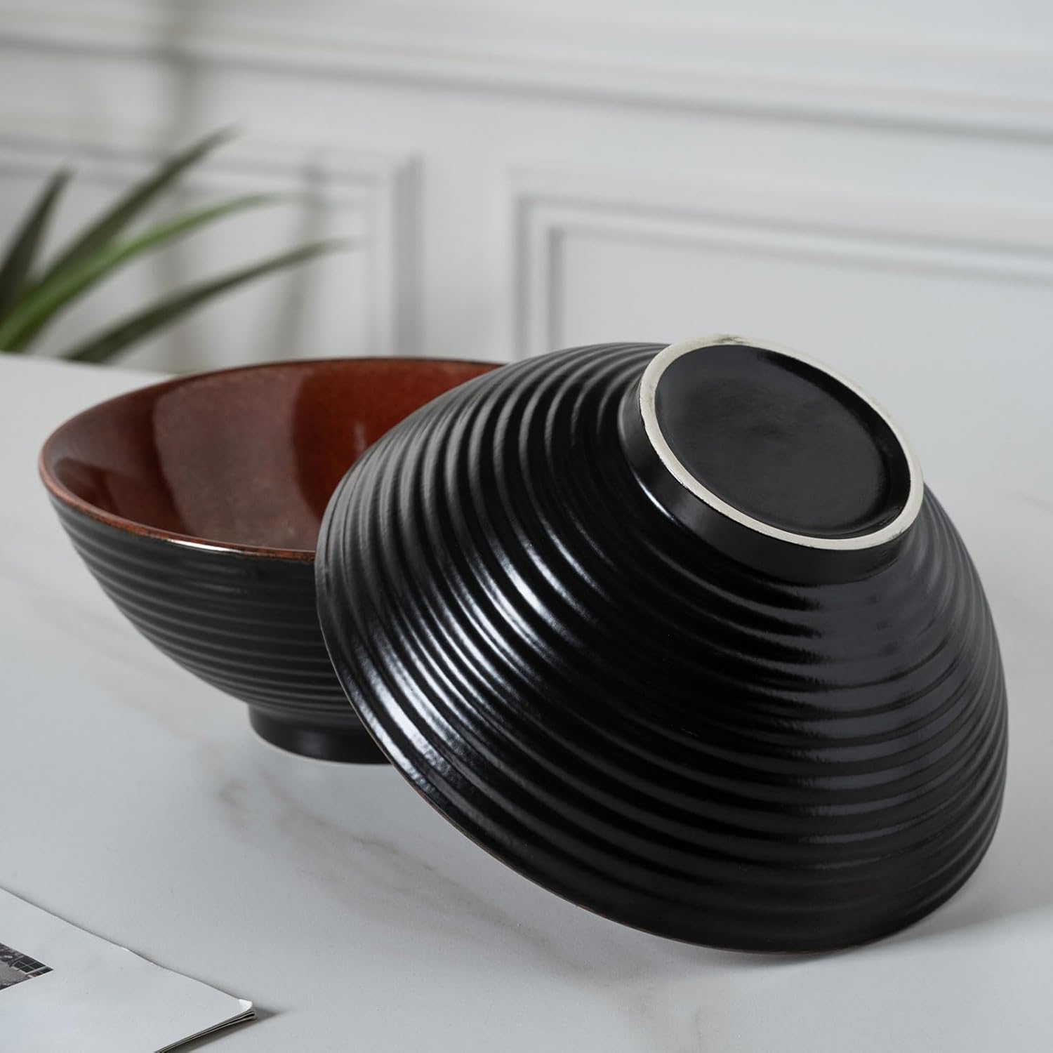 2x Ceramic Ramen Bowls - 40 oz - 20cm - With Spoon and Chopsticks for Ramen Soup Pho Udon Asian Noodles, Large Noodle Bowls (Brown glaze 2 sets)