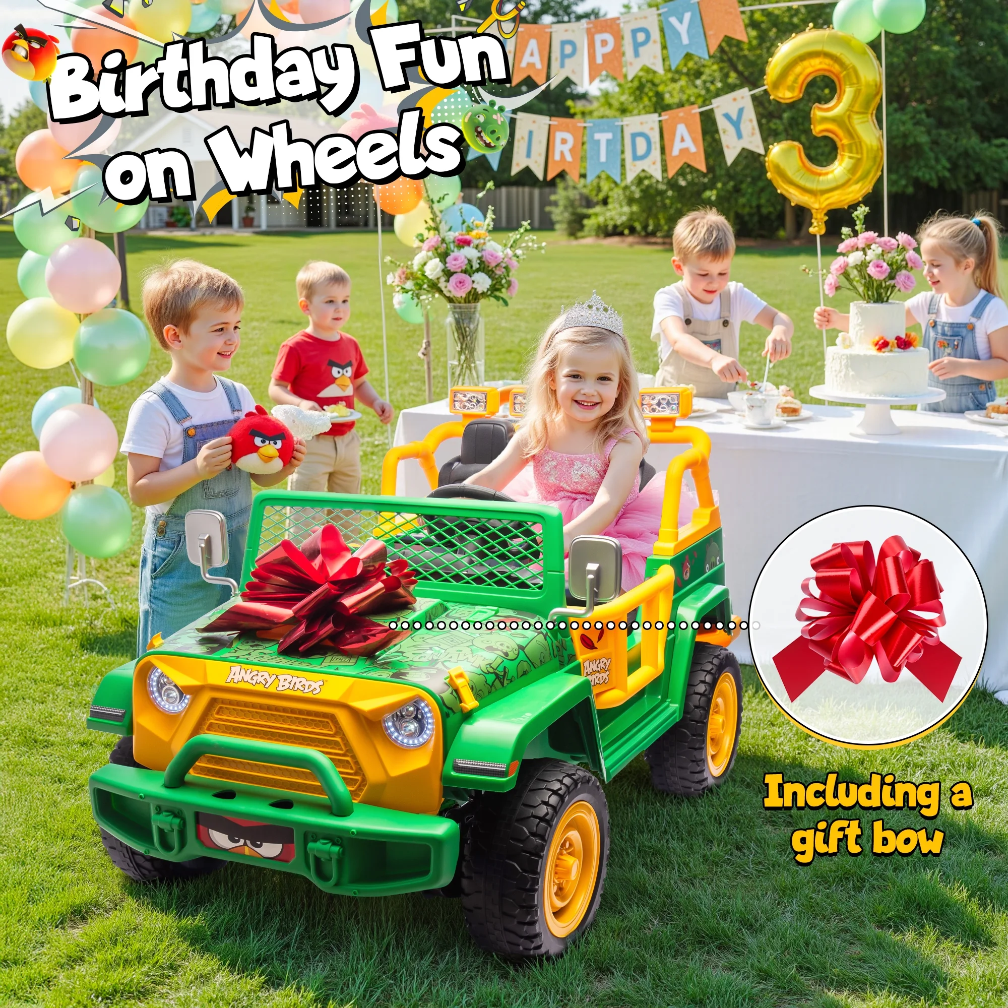 Joyracer 24 Volt Ride on Toys for Big Kids, Licensed Angry Birds Ride on Truck with Remote, 2 Seater 4WD Electric Ride ons with Shovel, Bluetooth, Lights, Power Car Wheels for 3-8, 130lbs, Green - Image 11