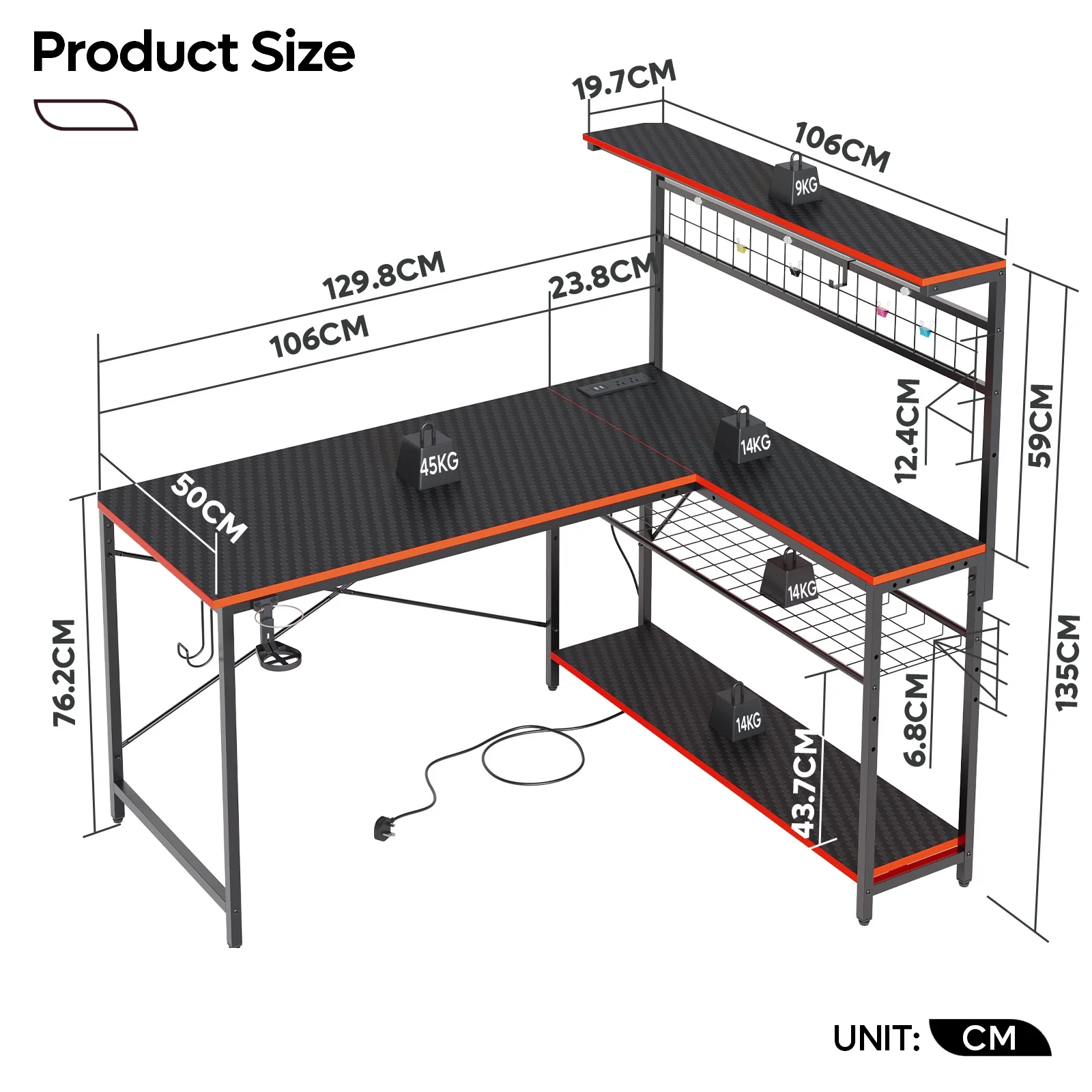 Bestier 51 L Shaped Gaming Desk with Power Outlets & LED Light, Computer Desk with 4 Tiers Shelves for Home Office, Reversible Gamer Table with Hooks and Cup Holder, Carbon Fiber - Image 27