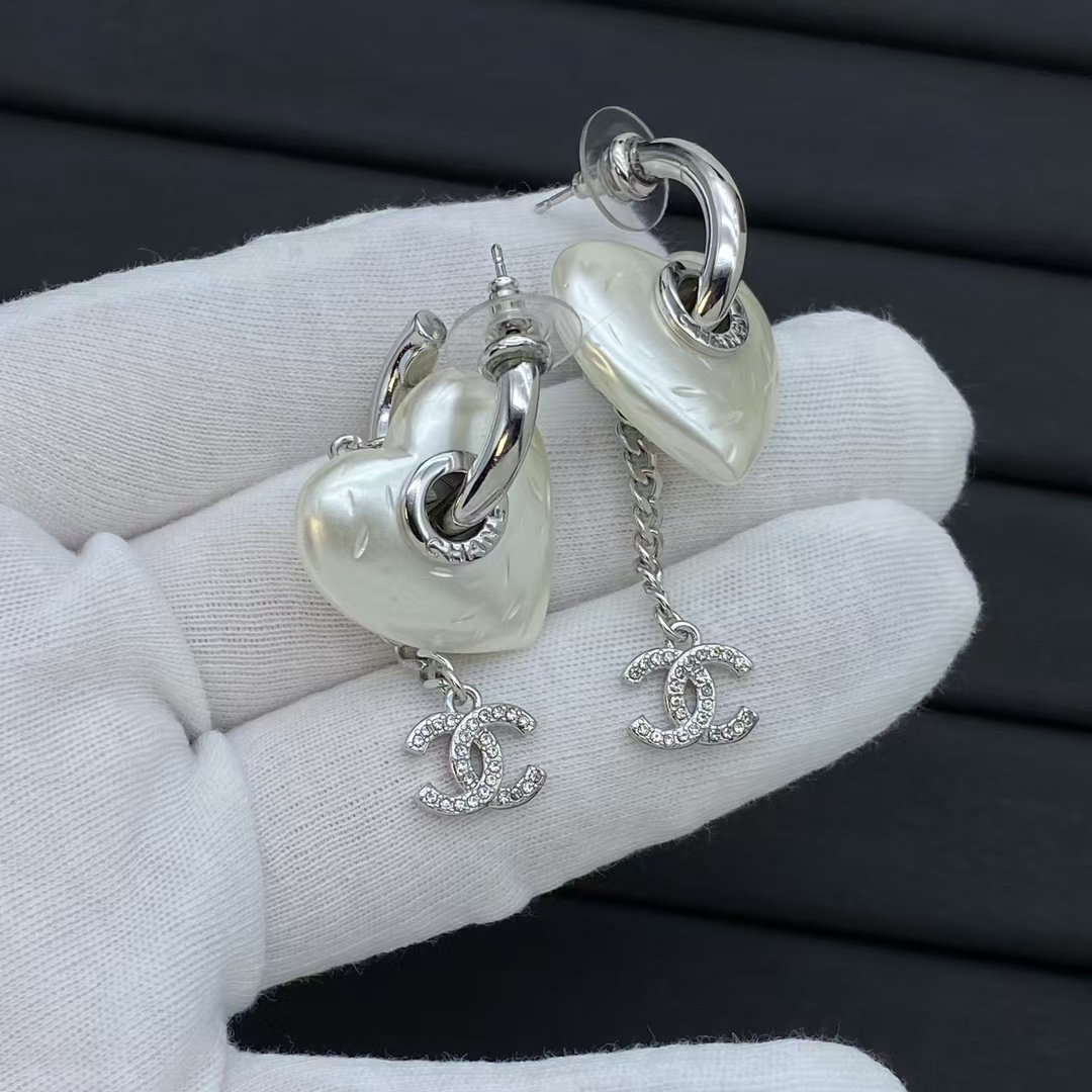 Chanel Hoop with Heart Chain Double C Drop Earrings - Original Replica Club