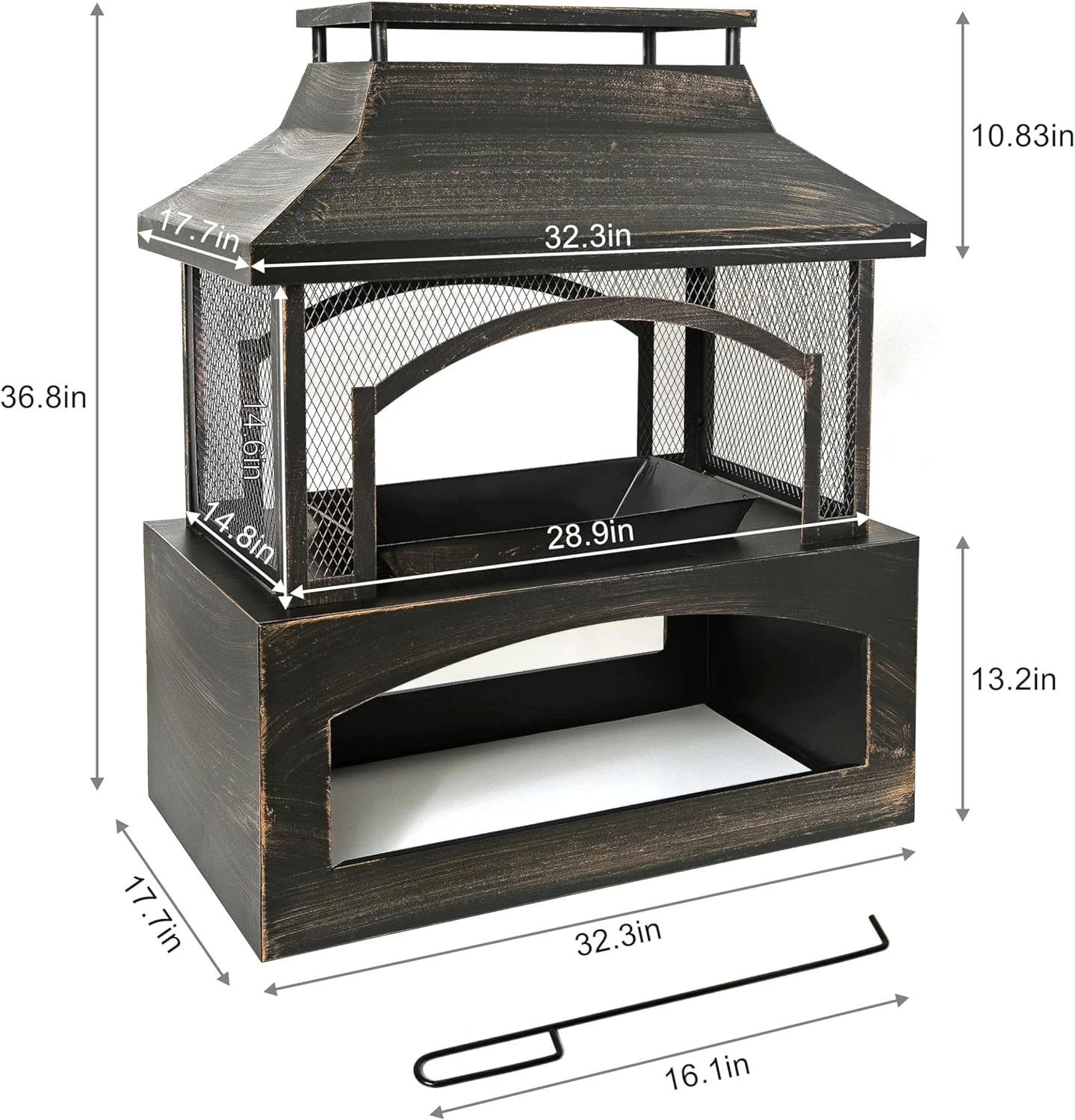 Large Outdoor Wood Burning Fireplace, house shape Outdoor Log Burner Fire Pit with Log Grate and Poker, 37" x 32" x 18" Large Metal Firepit for Patio Garden Backyard, Black - Image 7