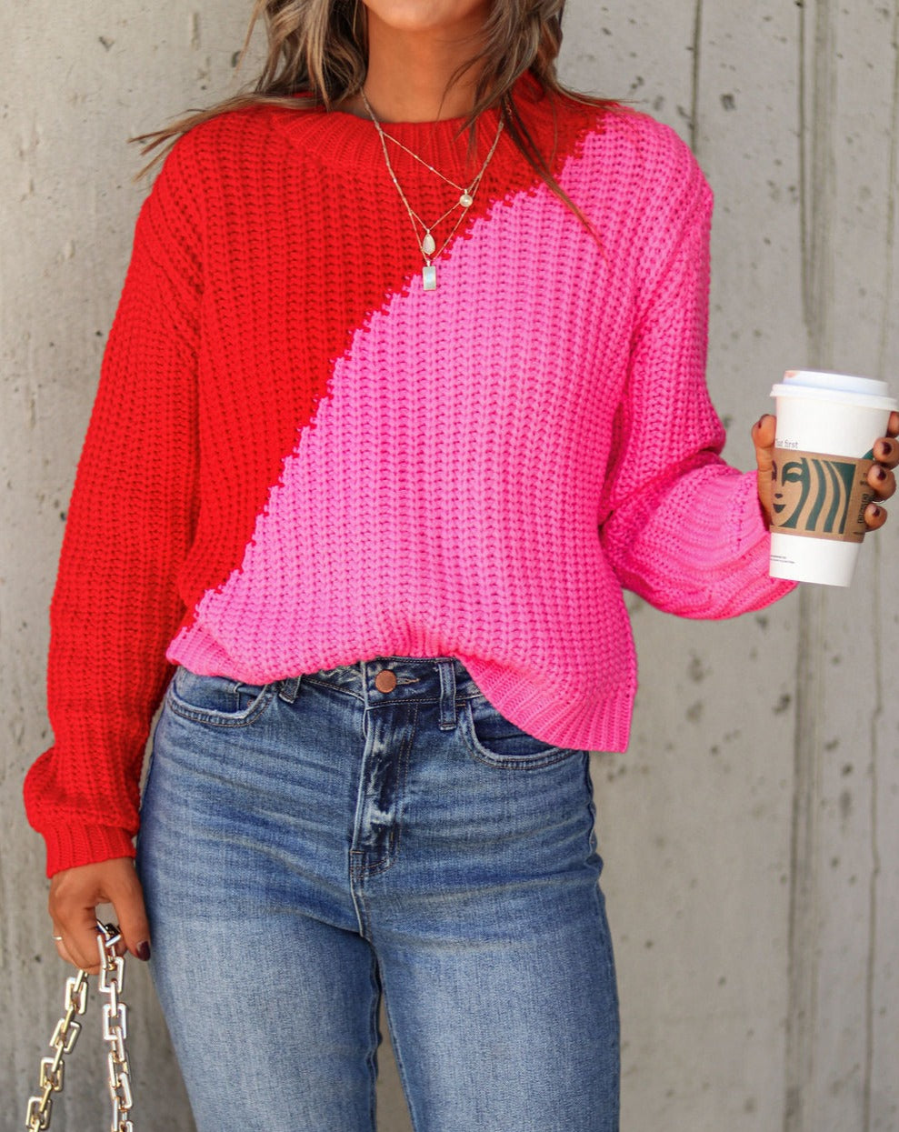 City Babe Knit Colorblock Pullover Sweater - Red Pink - Se7enfashion