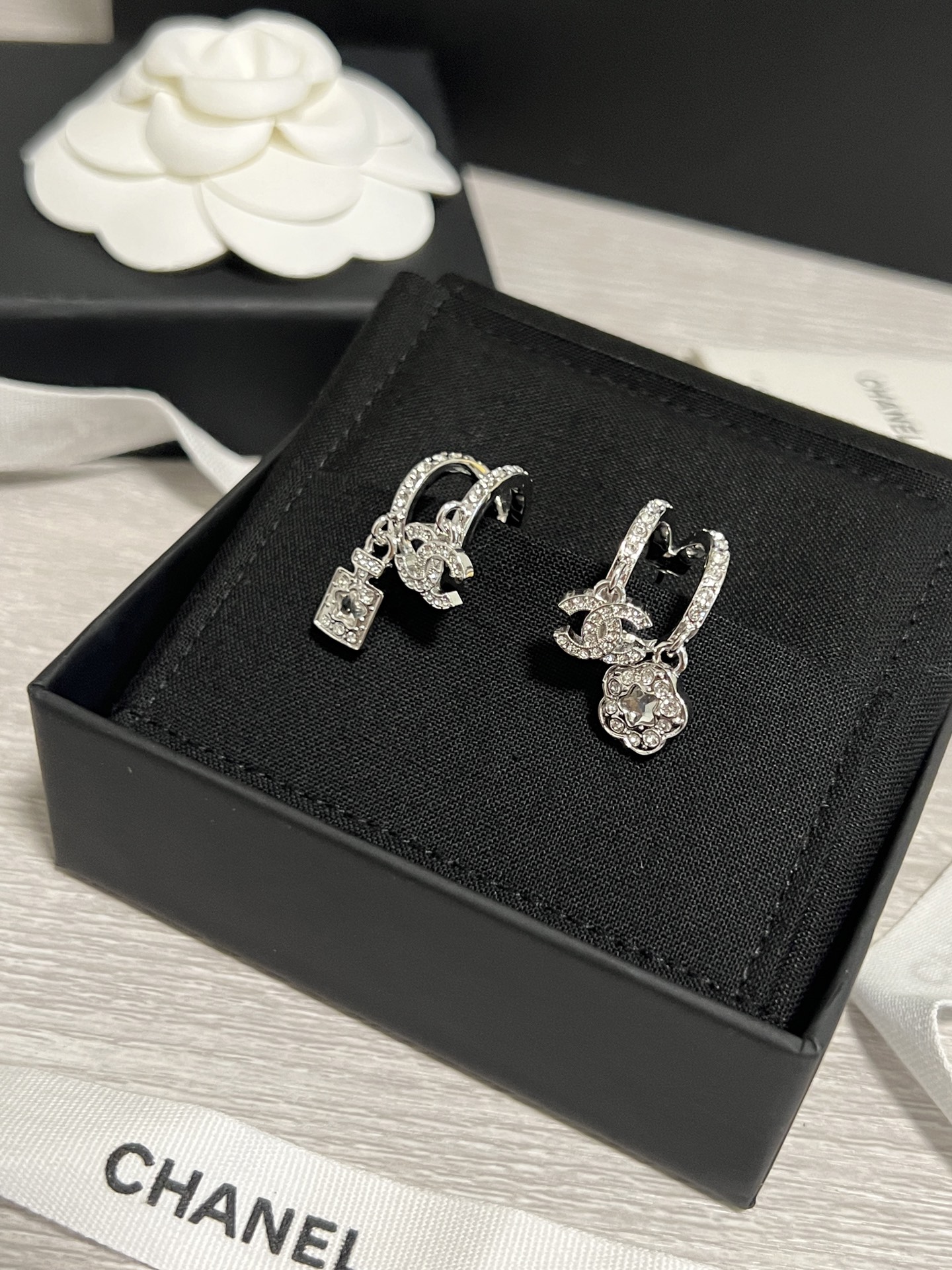 Chanel Asymmetric Silver Earrings with Rhinestone Perfume Bottle Camellia CC Dangle - Original Replica Club