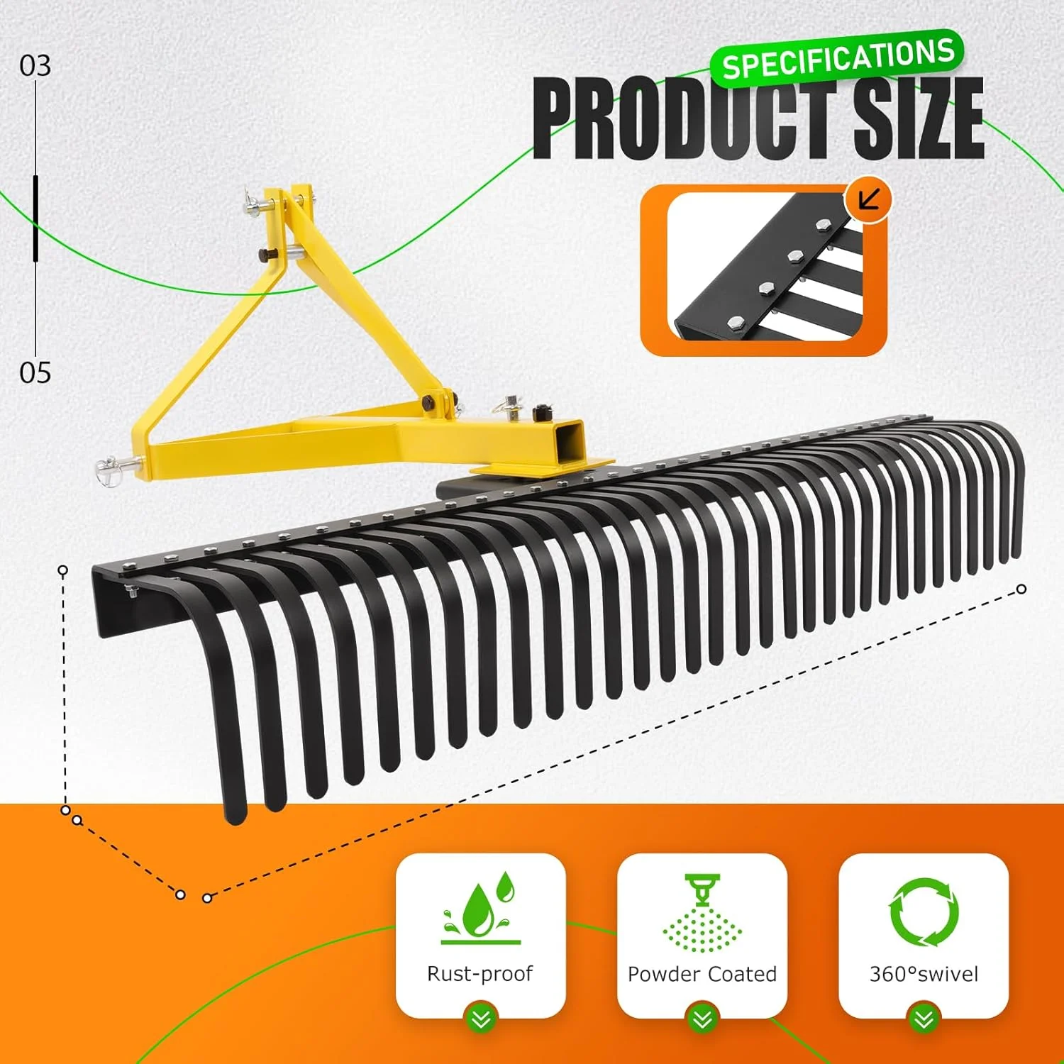 KOJEM 60In Landscape Rake 3 Point Rake 360 Degree Rotation Compatible with Category 1 Cat1 Compact Tractors Tow-Behind Garden Tool for Garden Farm Clearing Brush Raking Arenas 2 Package Yellow - Image 7