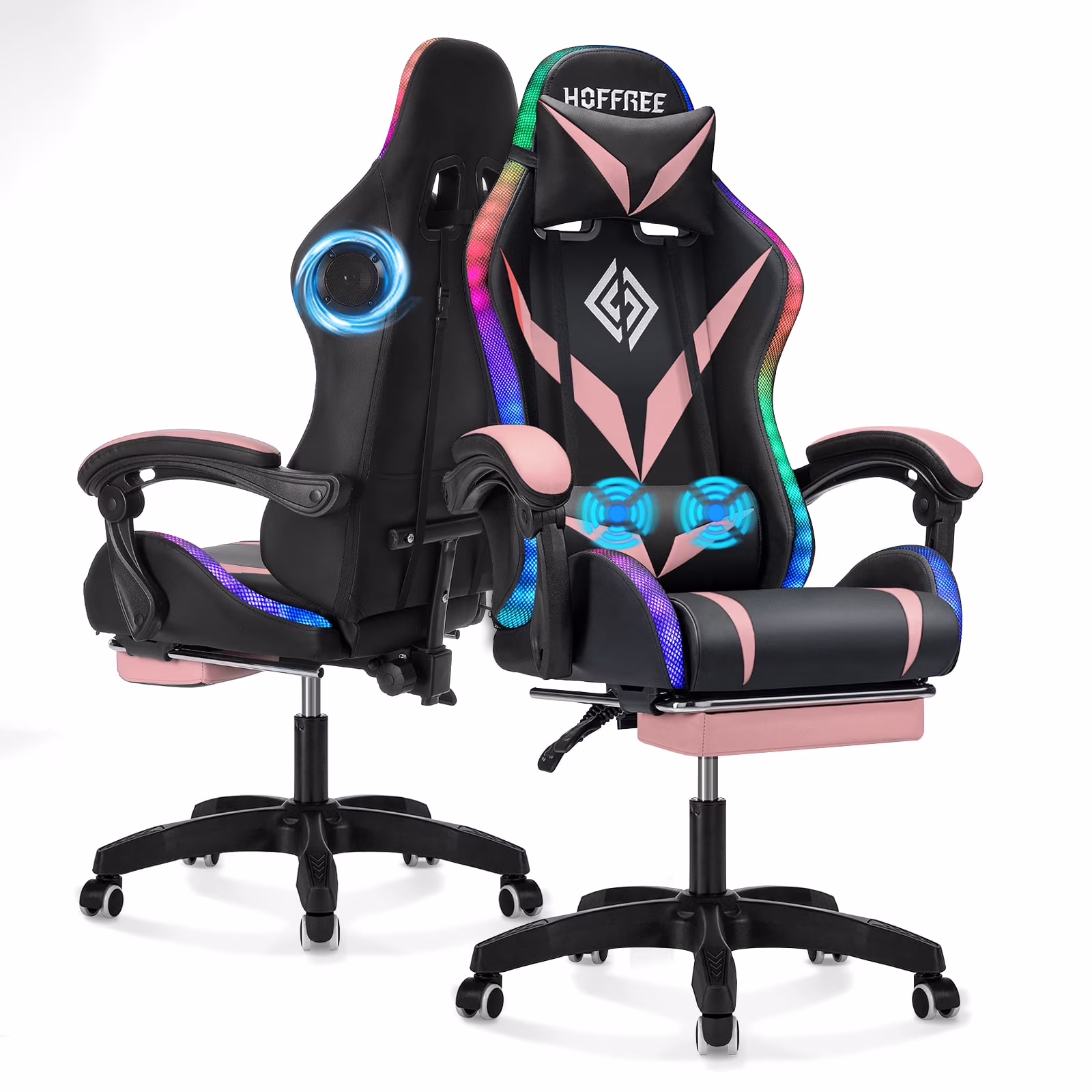 Hoffree Gaming Chair with Speakers PU Leather Office Chair with Footrest and LED Lights Ergonomic Gamer Chair with Massage Lumbar Support and Headrest Adjustable Swivel for Home Office 300lb - Image 3