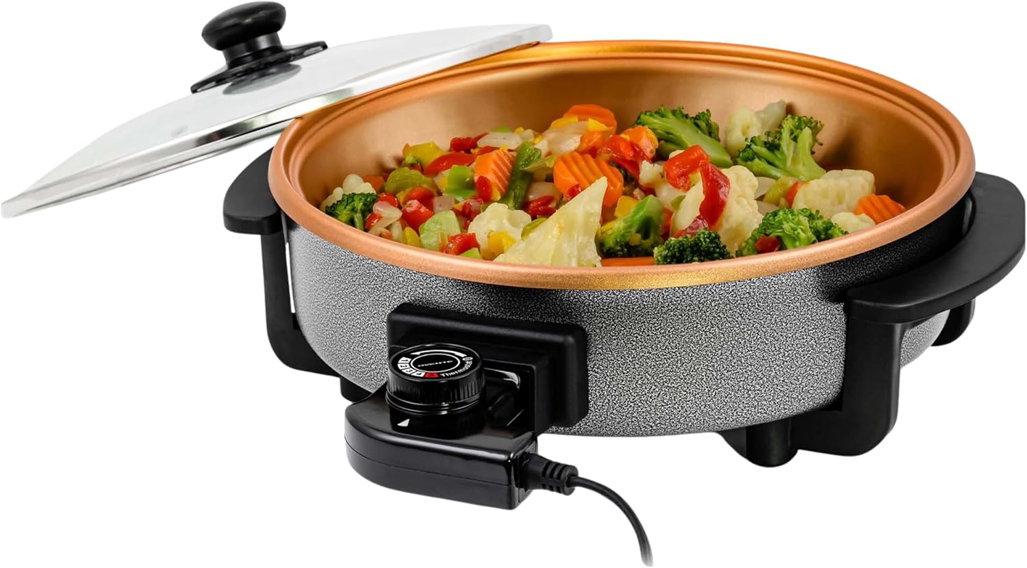 OVENTE Electric Wok with Nonstick Coating, 13 Inch Family-Sized Skillet, 1400W Power, Adjustable Temperature, Tempered Glass Lid, Cool Touch Handles and Easy to Clean Frying Surface, Copper SK3113CO